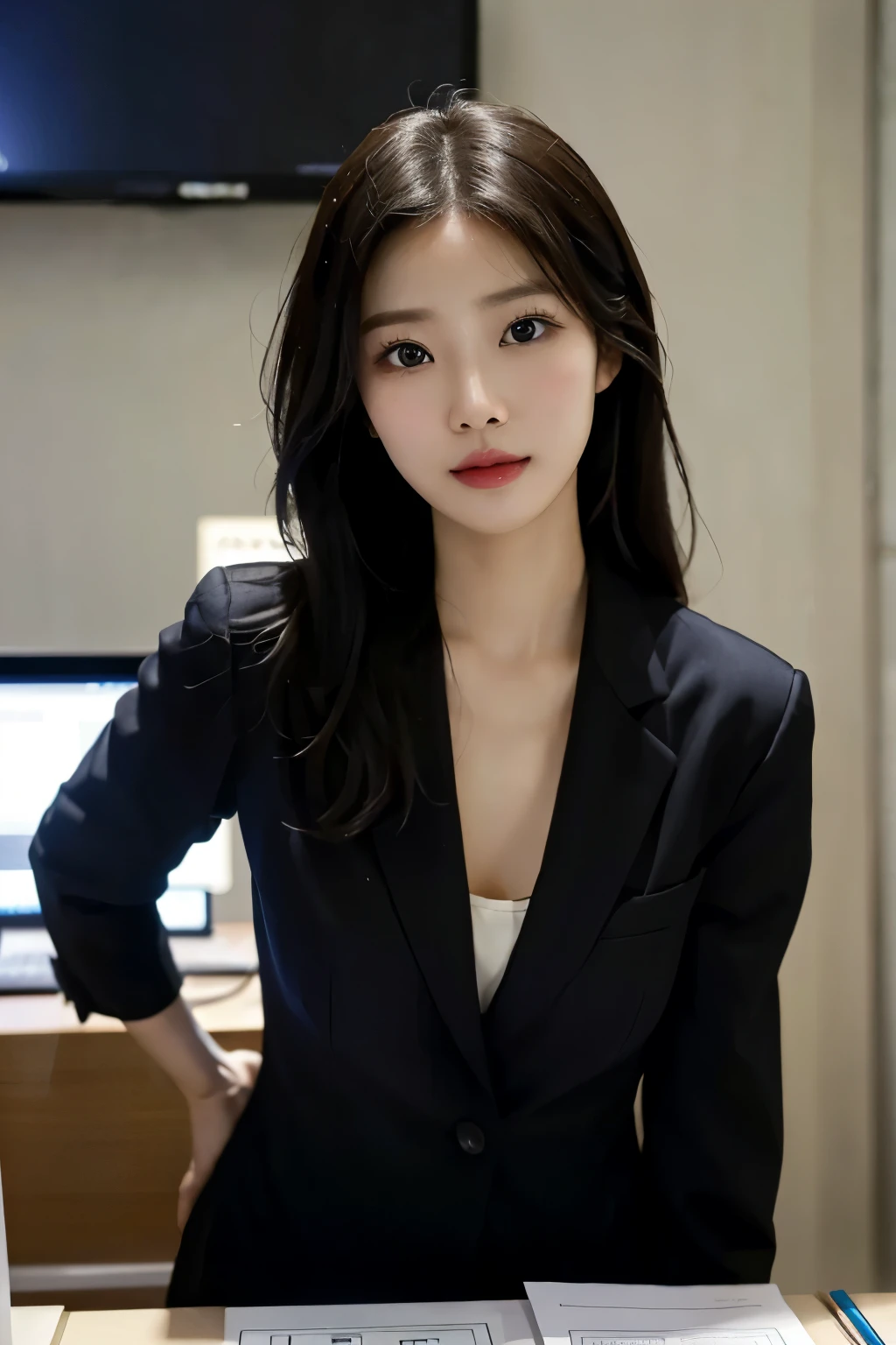 High-res, Realistic portrait of professional korean office lady with perfect skin，Professional suits，Women's suits，stand posture，The upper part of the body，Women in the workplace，Show confidence and maturity, Surrounded by a modern corporate environment, Vibrant and naturally lit highlights. The artwork should emphasize her elegant facial features, Including charming long eyes, Fluttering eyelashes and seductive lips. The scene should be enhanced with elements of professionalism and visual appeal，For example, Stylish work desk, Mainframe computers, High-resolution display, and complex stationery. The overall tone should be warm and professional, Has a soft and natural color palette. The artwork should exude a sense of professionalism, Success, and cultural pride，The background is blurred out