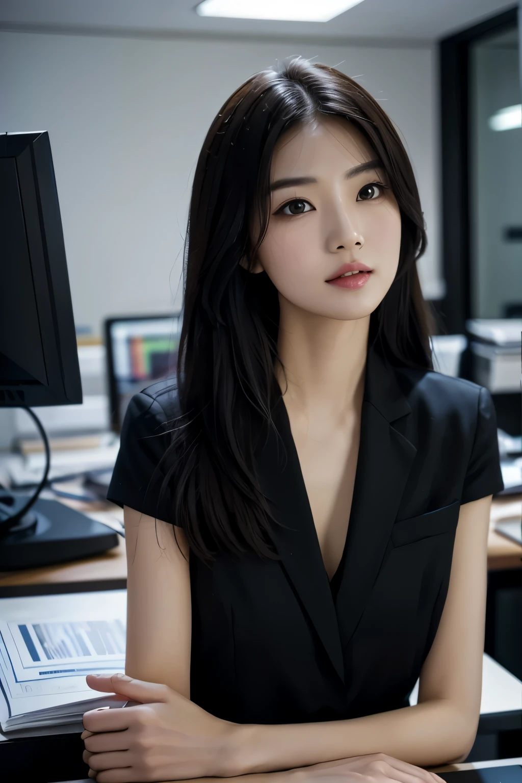 High-res, Realistic portrait of professional korean office lady with perfect skin，Professional suits，Women's suits，stand posture，The upper part of the body，Women in the workplace，Show confidence and maturity, Surrounded by a modern corporate environment, Vibrant and naturally lit highlights. The artwork should emphasize her elegant facial features, Including charming long eyes, Fluttering eyelashes and seductive lips. The scene should be enhanced with elements of professionalism and visual appeal，For example, Stylish work desk, Mainframe computers, High-resolution display, and complex stationery. The overall tone should be warm and professional, Has a soft and natural color palette. The artwork should exude a sense of professionalism, Success, and cultural pride，The background is blurred out