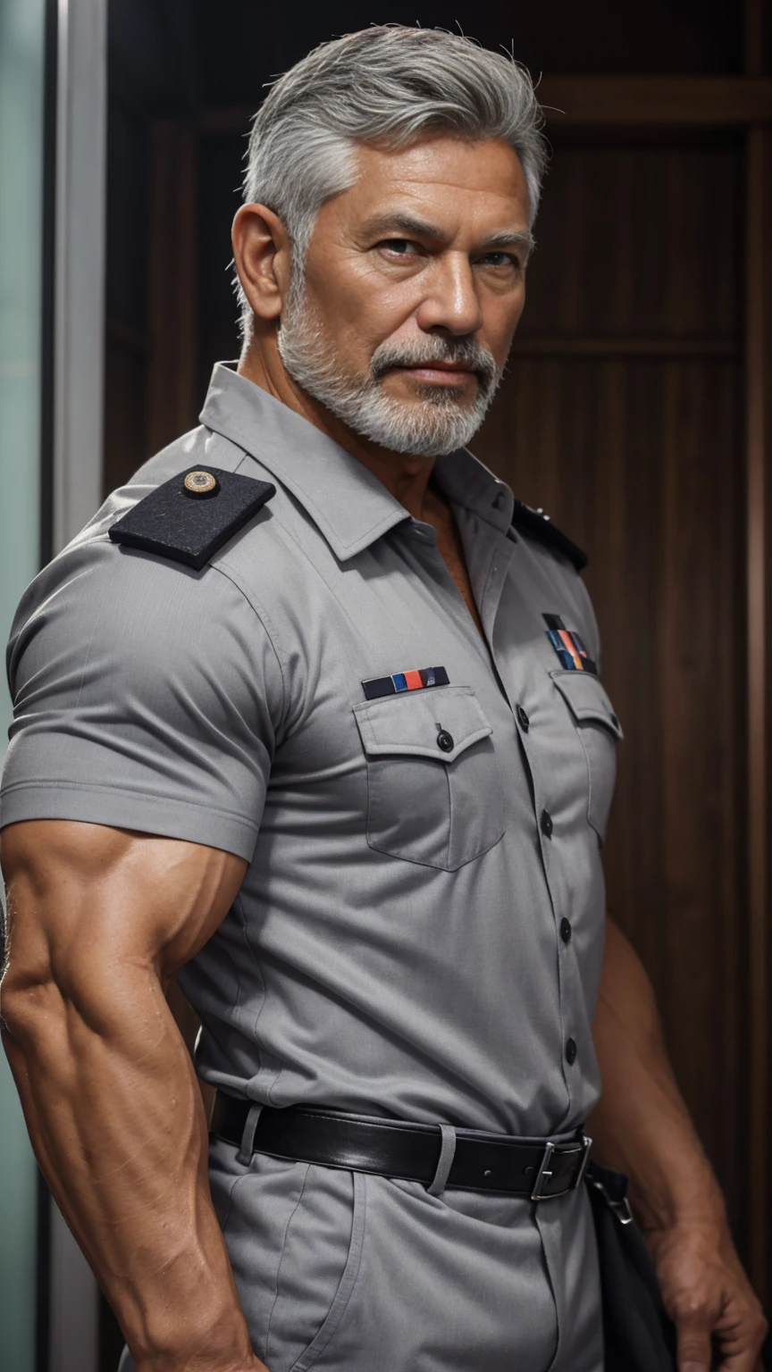 1man, middle-aged man, 68 y.o, handsome, gray haired color, grey beard, shorter quiff salt and pepper hairstyle, red eyes, scratched face, prominent muscular body, bodybuilder bodyshaped, Indonesian Policeman uniform, HD, High Quality, Hyperrealistic, Glorious, Precious, Details, Good Visual, closer distance face, he look at me, Hyperdetail, 8K Resolution