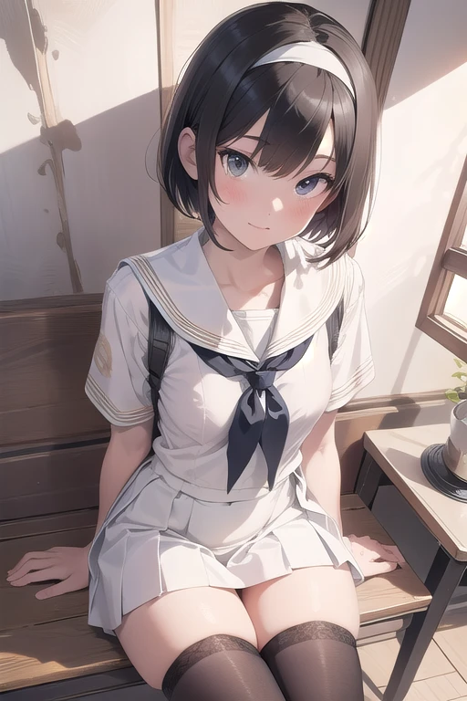 masterpiece, photograph，Best Quality, Super detailed, The finer details, High resolution, 8k,wallpaper, Perfect Dynamic Configuration,(Detailed high quality, Realistic eye depiction:1.3), ，Cute type，(Slender figure)，Thin legs,Gravure idol,White Sailor Suit, Short sleeve, Navy blue pleated skirt, Black pantyhose，Sitting, Both knees up，Leg spread，Short Bob Hair,White headband，Being thin，Small breasts, Black Hair