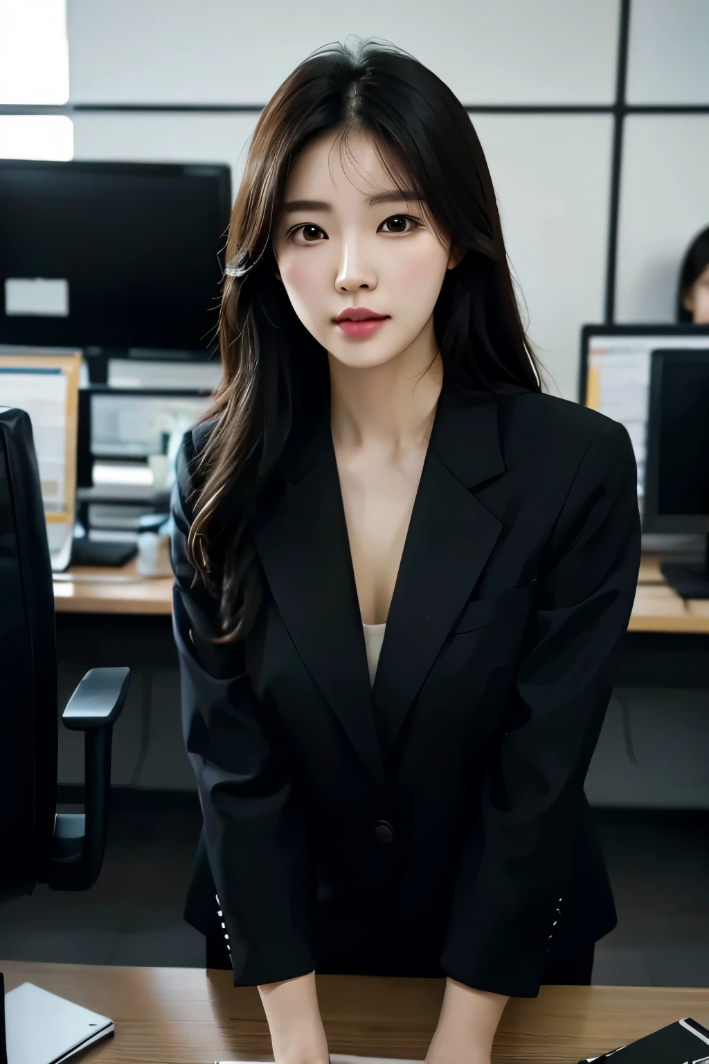 High-res, Realistic portrait of professional korean office lady with perfect skin, Professional suits, stand posture，The upper part of the body，Show confidence and maturity, Surrounded by a modern corporate environment, Vibrant and naturally lit highlights. The artwork should emphasize her elegant facial features, Including charming long eyes, Fluttering eyelashes and seductive lips. The scene should be enhanced with elements of professionalism and visual appeal，For example, Stylish work desk, Mainframe computers, High-resolution display, and complex stationery. The overall tone should be warm and professional, Has a soft and natural color palette. The artwork should exude a sense of professionalism, Success, and cultural pride，The background is blurred out