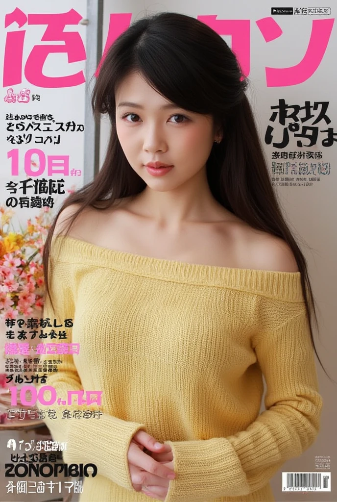 Japanese adult magazine cover,Japanese Barbie(Wear an off-the-shoulder sweater),Huge breasts，Ultra HD, masterpiece, High Detail, high quality, Best quality, high resolution