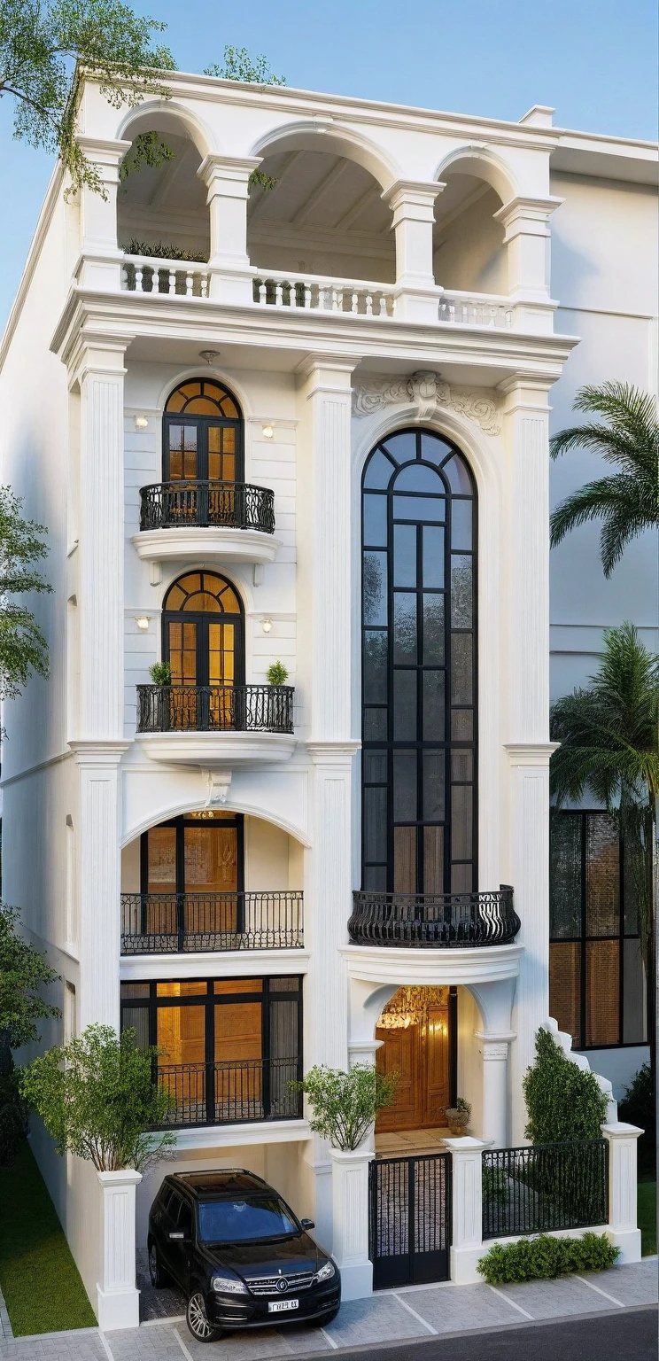 neo classical villa on street, (daylight), tropical tree, vivid colour, streetcapes, white tone, black detail, white wall, large glass door, warm interior lighting, best quality, masterpiece, ultra realistic