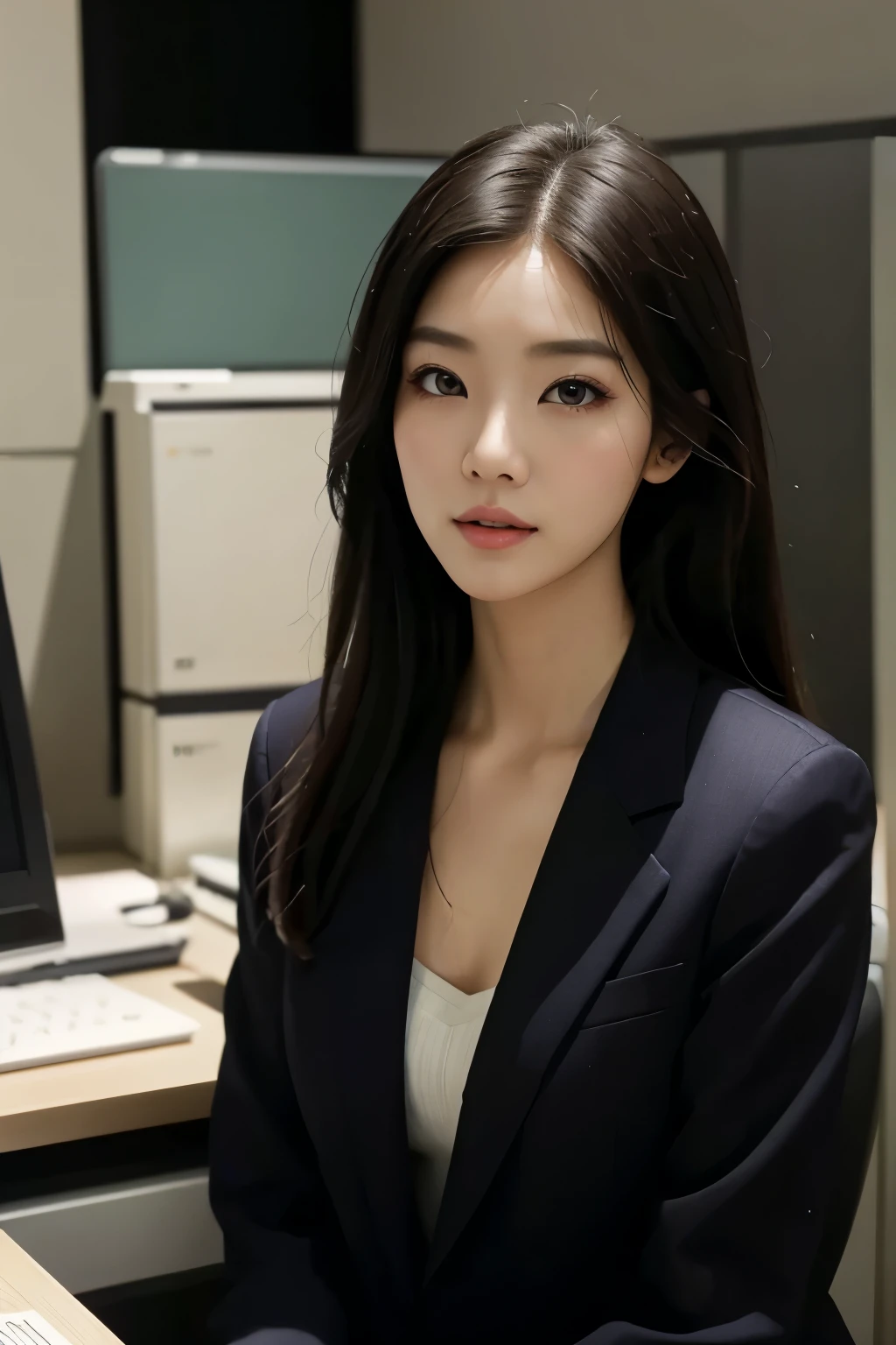 High-res, Realistic portrait of professional korean office lady with perfect skin，Professional suits，Women's suits，stand posture，The upper part of the body，Women in the workplace，Show confidence and maturity, Surrounded by a modern corporate environment, Vibrant and naturally lit highlights. The artwork should emphasize her elegant facial features, Including charming long eyes, Fluttering eyelashes and seductive lips. The scene should be enhanced with elements of professionalism and visual appeal，For example, Stylish work desk, Mainframe computers, High-resolution display, and complex stationery. The overall tone should be warm and professional, Has a soft and natural color palette. The artwork should exude a sense of professionalism, Success, and cultural pride，The background is blurred out