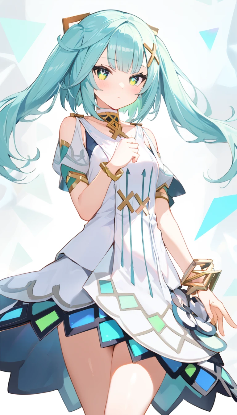 Faruzan,Farzan,1girl,cowboy shot, expressionless,Aqua Hair, Straight bangs, Clergy, (Green Eyes:1.5), Hair between the eyes, Hair Accessories, Long Hair, (Symbol-shaped pupil:1.5), (△ pupil:1.5), Twin tails, x Hair Accessories, bangle, Farzan, Bare shoulders, bracelet, dress, jewelry, Short sleeve, Shiny clothes, 、Great graphics、Best Quality、High resolution、Very detailed 、(masterpiece:1.2), (Perfect hands, perfect anatomy),光るjewelry、Floating triangular neon lights,cute、(Glowing geometric background)