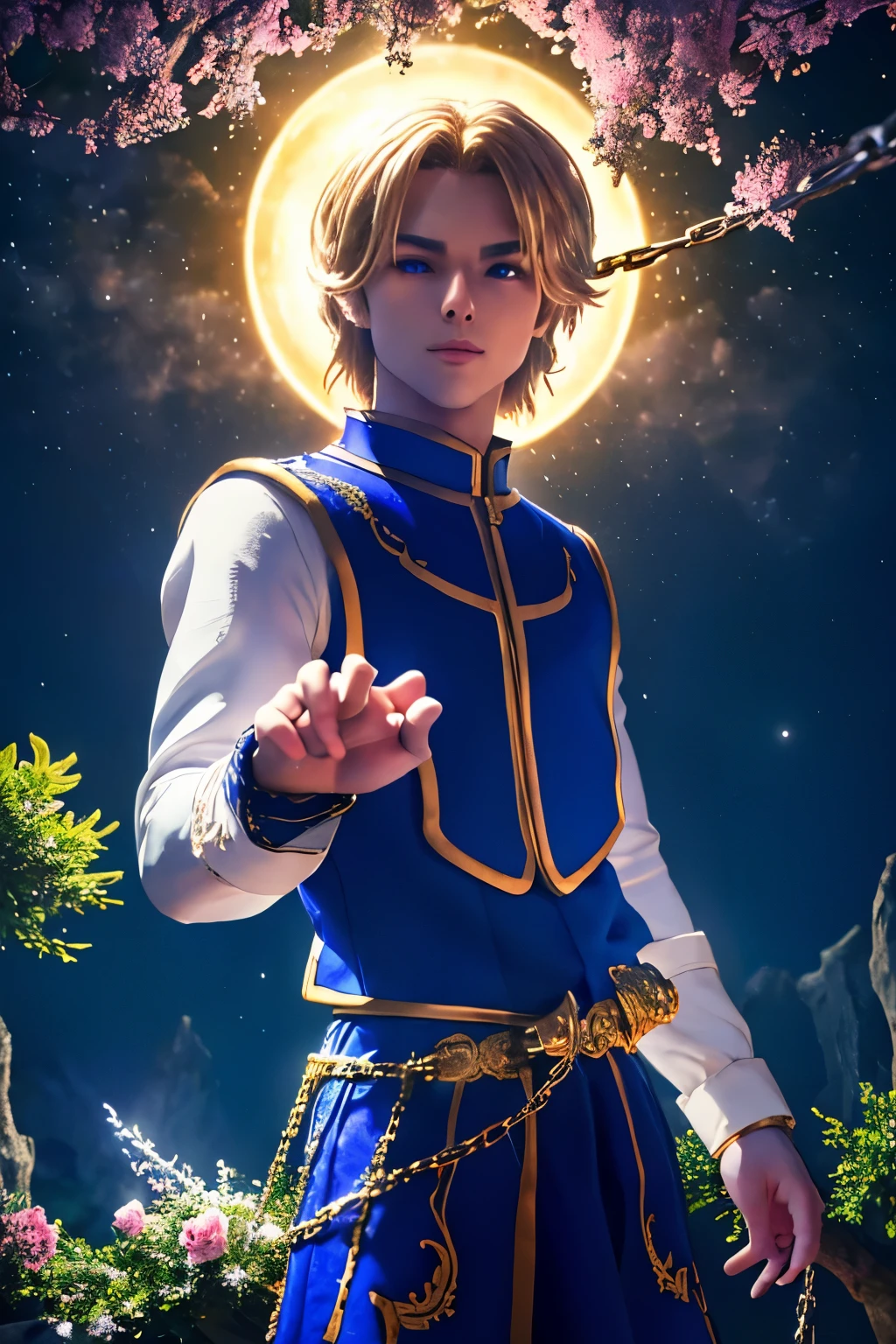 Kurapika, 1boy, masterpiece, realistic, absurdres, best quality, high resolution, very handsome, perfect face, cute face, intricate detail, red eyes, clear and beautiful detailed eyes, blue tabard, white shirt, gold trim, chains flying, slim muscular, handsome muscle, detailed skin, perfect hand, good anatomy, looking at camera, action scene, dynamic pose, fantasy, night, tree, Moonlight at night, wilderness, flowers, skynight, studio lighting, soft light, upper body portrait, front view, Professional photography, 8K UHD,