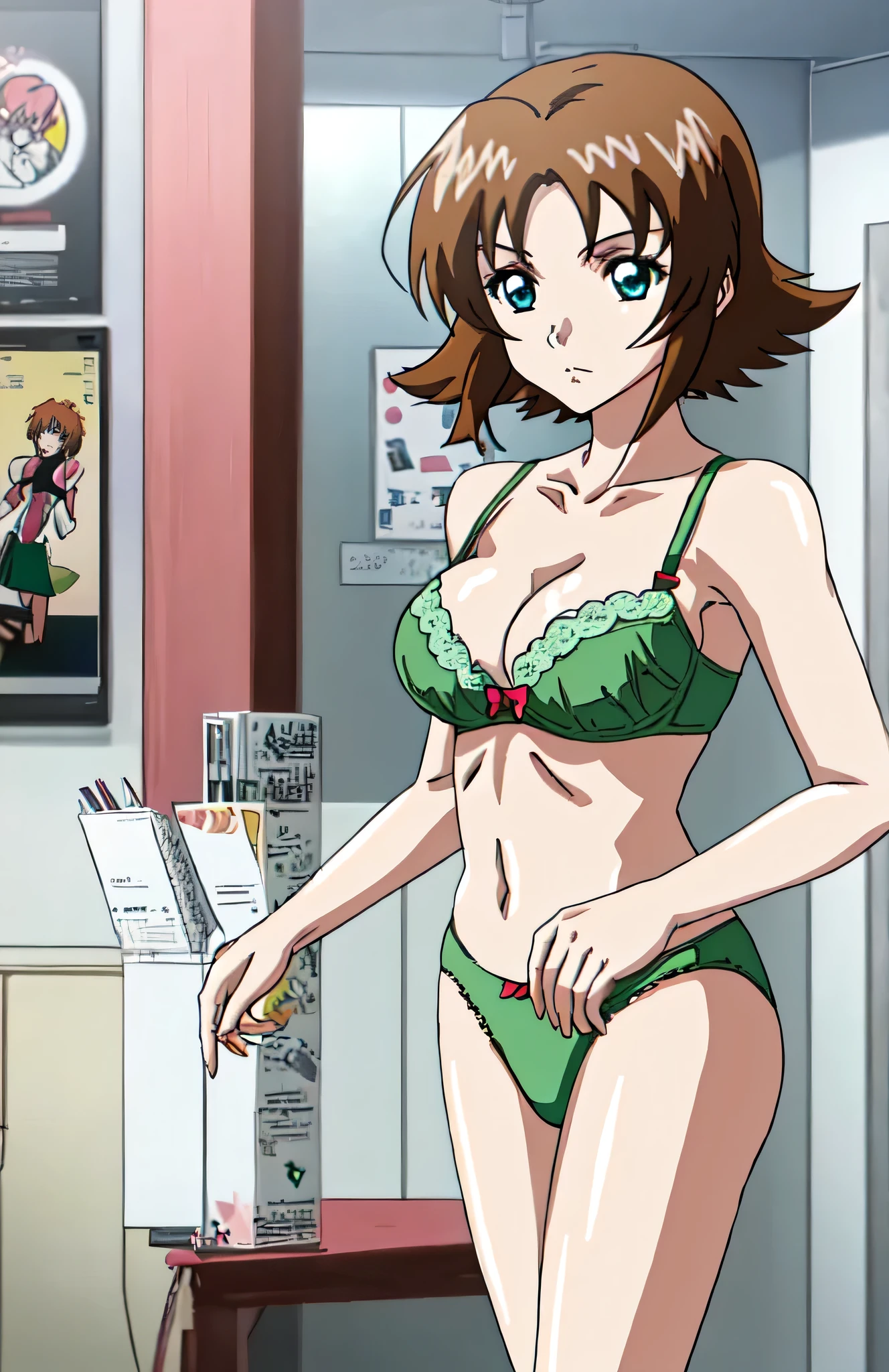 Anime Girls in a green bra with a pink bow and green panty with a pink bow、Short brown hair girl、Blue Eyed Girl、Short Wolf Hair、seductive Anime Girls、clothing:Green bra、Green panties、Anime Moe Art Style、Big Breasts、Girls with very large breasts、(Anime Girls)、attractive Anime Girls、Naughty anime style、Beautiful attractive anime teen、Smooth anime CG art、indoor、cleavage、bra with an green、panty with an green、whole body、A girl is standing、Digital anime art!!、Female focus、Perfect body、pretty Anime Girls、Full Body、Best anime girl、Alone、Underwear only、Bra and panties only、8k!!、High resolution!!、