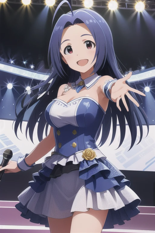 masterpiece, Best Quality, High resolution, Azusa, long  hair, Ahoge, Parted bangs, Idol Costumes, dress, standing, Cowboy Shot, stage, Hold the microphone, smile, Open your mouth, sing, Reaching out,Large Breasts