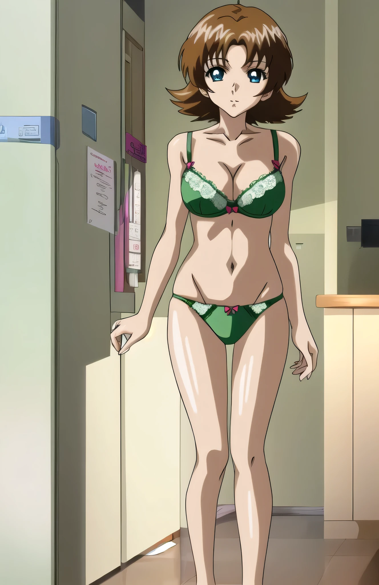 Anime Girls in a green bra with a pink bow and green panty with a pink bow、Short brown hair girl、Blue Eyed Girl、Short Wolf Hair、seductive Anime Girls、clothing:Green bra、Green panties、Anime Moe Art Style、Big Breasts、Girls with very large breasts、(Anime Girls)、attractive Anime Girls、Naughty anime style、Beautiful attractive anime teen、Smooth anime CG art、indoor、cleavage、bra with an green、panty with an green、whole body、A girl is standing、Digital anime art!!、Female focus、Perfect body、pretty Anime Girls、Full Body、Best anime girl、Alone、Underwear only、Bra and panties only、8k!!、High resolution!!、