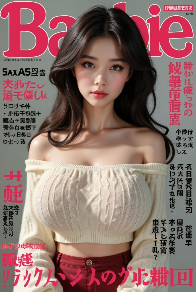 Japanese adult magazine cover,Japanese Barbie(Wear an off-the-shoulder sweater),Huge breasts，Ultra HD, masterpiece, High Detail, high quality, Best quality, high resolution