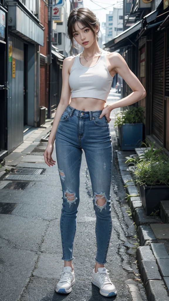 ８ｋ,Realistic skin texture、Superrealism、Realistic photos、Korean women、Abs are cracked、Stand up to your full height.、Tank top, Skinny Tight Blue jeans、sneakers、Shinjuku back alley、Innovative Configuration、Full body photo、、A melancholic look、rain