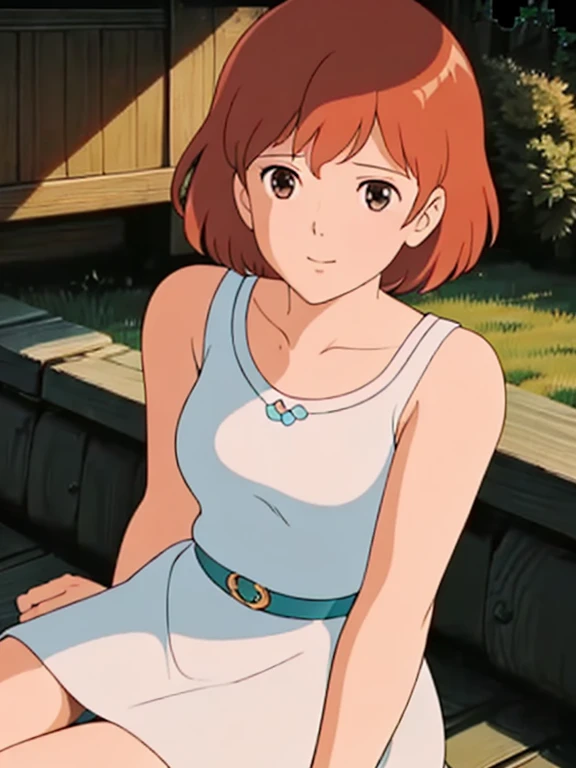 (One Girl:1.3), Cinematic Light, (masterpiece, Please redeem, Please redeem, official art, beautifully、Midea:1.3), Very detailed,Most detailed,(Super detailed),((So delicate and beautiful)), , Cowboy Shot、 Nausicaa, 23歳の妖艶なwoman、(((White camisole mini dress)))、Shiny brown hair, short hair, 茶色のきれいなeye、smile、キラキラしたeye, (細かいeye)、Super detailedなeye、Very detailed顔, Very detailedeye, (Perfectly detailed anatomy, beautifully精巧な顔&eye:1.5, Shiny skin, )、(Perfectly detailed anatomy, beautifully精巧な顔&eye:1.5, Shiny skin, )、(Perfectly detailed anatomy, beautifully精巧な顔&eye:1.5, Shiny skin, )、 woman, wife, Alone, (Looking at the audience), Upper Body, Sitting on a bench by the lake、