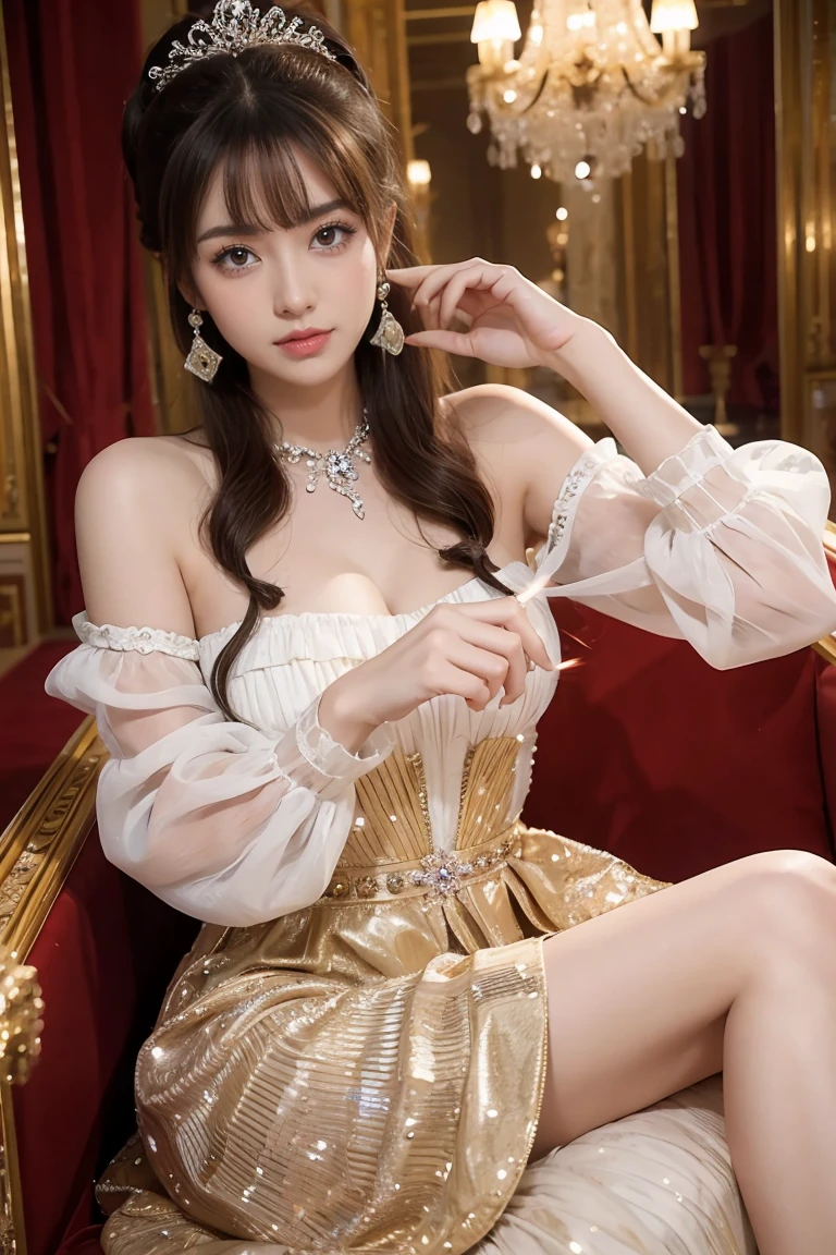 (1girl), princess, long hair, (extremely detailed beautiful face), (Beautiful girl in a princess dress:1.5), (lace dress:1.4), Amazing face and eyes, (The sexiest look), (Best Quality:1.4), (hyper quality), (Ultra-detailed), (extremely detailed CG unified 8k wallpaper), Highly detailed, RAW Photos, Professional Photography, sitting, (A luxurious living room with paintings of girls sex on the walls:1.6), (golden chairs, golden ornaments, dazzling brilliance:1.2), luxurious, gorgeous, famous sexy movie scenes,