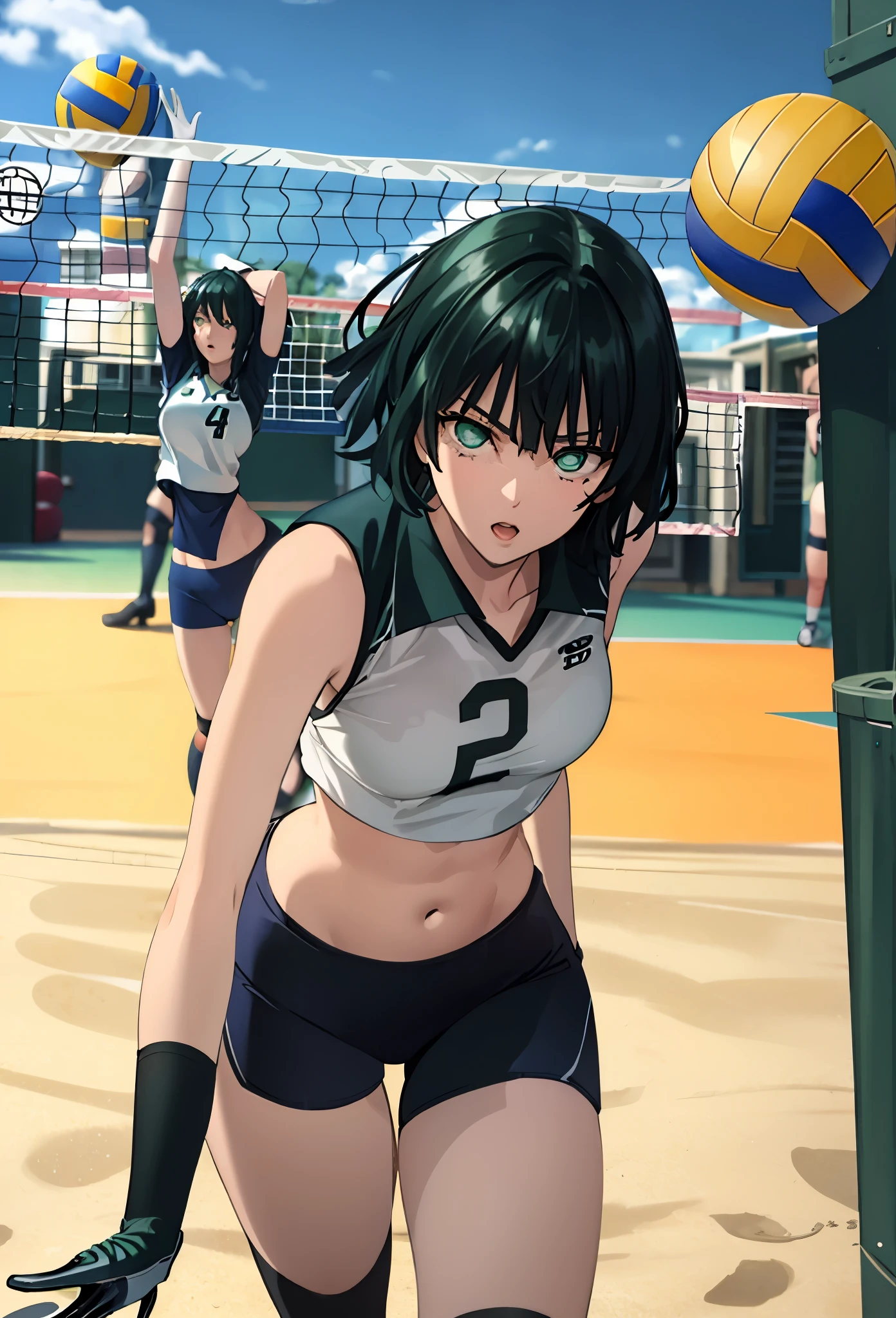 green eyes, (green color hair:1.2),By bang，short hair, 
BREAK ((((buruma:1.3), (crop top:1.1), sleeveless volleyball uniform)):1.2),
BREAK (masterpiece:1.2), best quality, high resolution, unity 8k wallpaper,NSFW ,(illustration:0.8), (beautiful detailed eyes:1.6), extremely detailed face, perfect lighting, extremely detailed CG, (perfect hands, perfect anatomy),