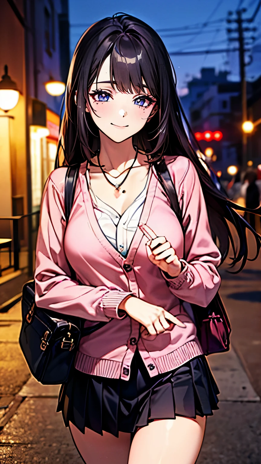 (masterpiece:1.2, Please redeem), (Realistic photos:1.4), Beautiful illustrations, (Natural side lighting, Cinema Lighting), 
Gazing at the viewer, 1 girl, Japanese, High school girl, Perfect Face, Cute symmetrical face, Shiny skin, , 
(Long Hair, Straight hair, Black Hair), Eyes between the hair, Brown-eyed idol&#39;s breasts, Seductive thighs, Big Ass), Earrings, break (Dark red hair band, Dark red flat bow tie), break
beautiful hair, Beautiful Face, Detailed and beautiful eyes, Beautiful clavicle, Beautiful body, Beautiful breasts, Beautiful thighs, Beautiful legs, Beautiful fingers, slender, 
(White collar shirt, Long sleeve pink knit cardigan, black pleated mini skirt), break navy school bag, 
(Beautiful views), evening, (Downtown:1.2), walk, (Cute Smile, Upper eyelid), 