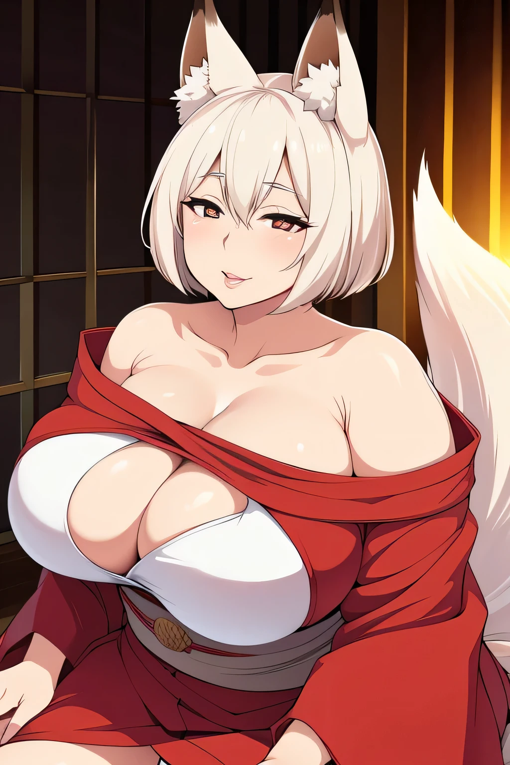 ((slim body, pubic hair, nude natural tits)), (best quality, high-res, ultra-detailed, anime style, warm), ((kitsune girl, white kitsune, white hair, yellow eyes, smug eyes, evil smile, slightly smiling, smoky eyes makeup, goth makeup)), (Japanese temple night interior, foggy dark forest), sexy shot, (nsfw), white kitsune girl, dark anime forest, retro anime art, blushing, dusk, black choker, laying on her back, sexy pose