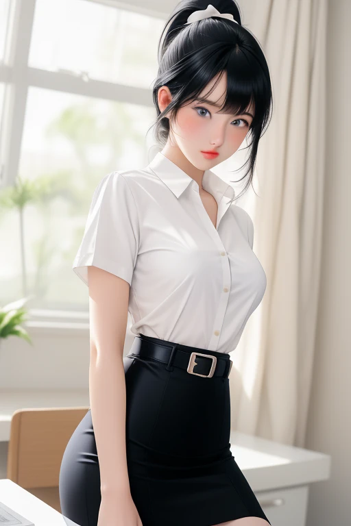 1girl,high solution,anime girl, bangs, belt, black hair, blue eyes,short mini thin black cotton pencil skirt,white pantie, blurry, blurry background, blush, bottomless, breasts, closed mouth, collared shirt no bra, cum, dress shirt, dutch angle, erection, faceless, faceless male, hair between eyes, hair ribbon, hetero, indoors, jewelry, long hair, looking at viewer, pencil skirt, ponytail, pubic hair, ring, shirt, shirt tucked in, short sleeves, skirt, solo focus, table, uncensored, veins, , white shirt,white pantie,panty line,turn back,