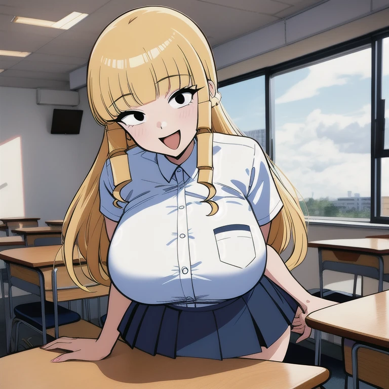 1girl, classroom, smile, open mouth, large breasts, 
kaneda_mochiko, black eyes, blonde hair, long hair, drill hair, blunt bangs, school uniform, collared shirt, pleated skirt,  best quality, masterpiece, highres, 