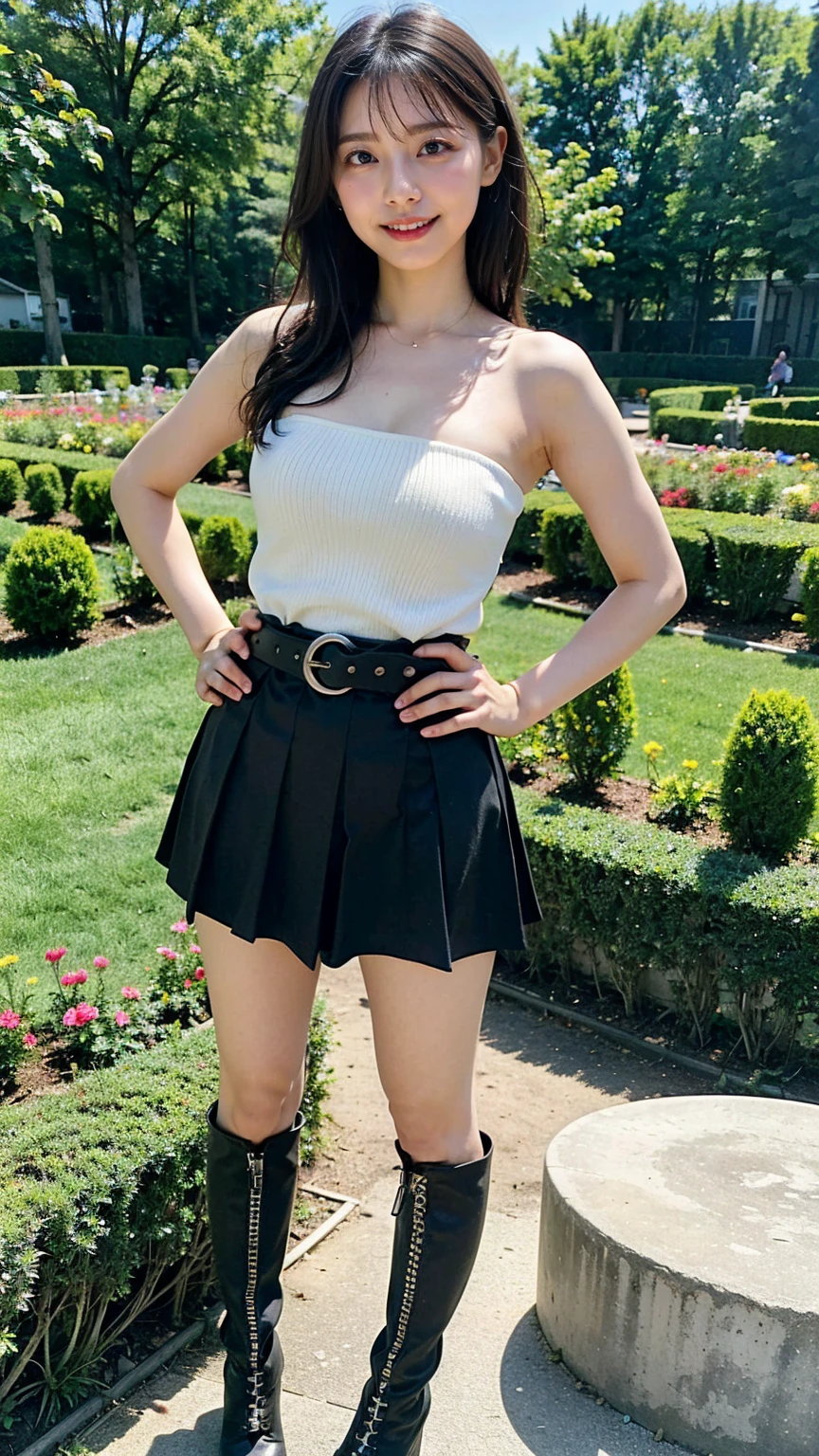 (8k、RAW Photos、Please redeem、masterpiece:1.2)、(Realistic、Realistic)、1 girl、((mini skirt、Bodysuits、black and white knitted tube top、boots、garden、View from the front、Looking at the camera、belt、Hands on your hips))、cute