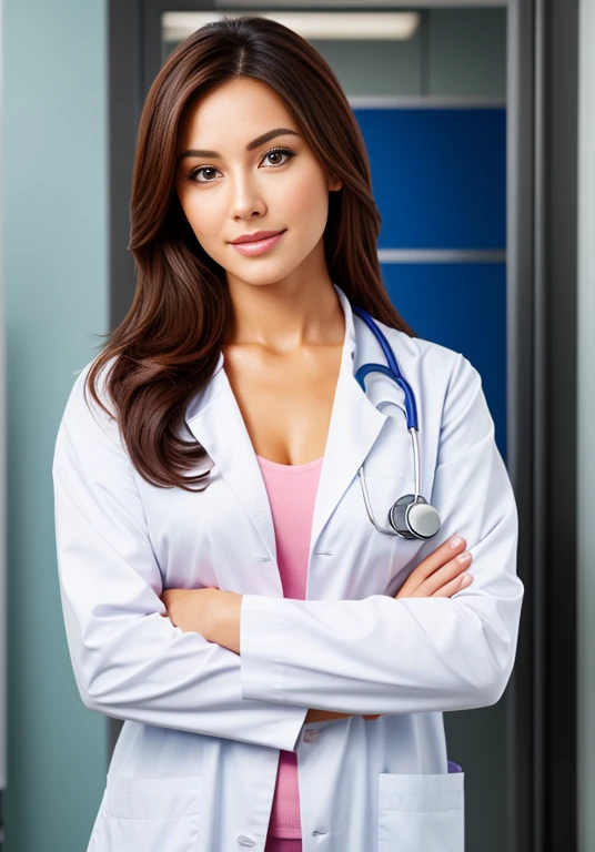 There is an attractive woman in a doctor&#39;s uniform and a white lab coat., Sexy female doctor walking down a hospital hallway, attractive latina woman, brunette in a robe.