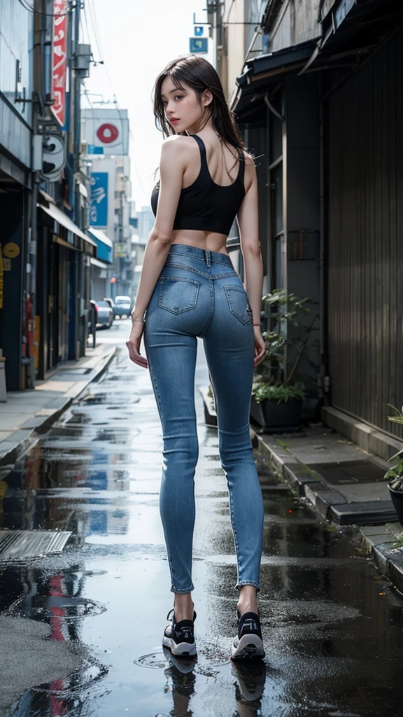 ８ｋ,Realistic skin texture、Superrealism、Realistic photos、Korean women、Long black hair,  Abs are cracked, Big Butt,  Stand up to your full height.、Tank top, Skinny Tight Blue jeans、sneakers、Shinjuku back alley、Innovative Configuration、Full body photo、、A melancholic look、rain