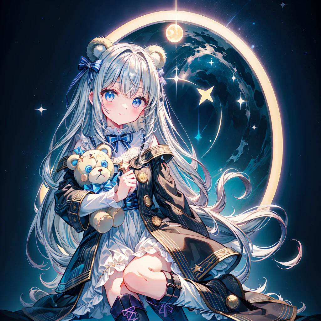 starの妖精、Full body Front portrait、Front、Front facing the viewer、One girl,Best Quality、masterpiece、Official Art、Super detailed、Very beautiful、Cute starの妖精、Gray Hair、Straight long hair、milky way、universe、star charm、star、baby face、Knee-high boots、Giant stuffed teddy bear,magic circle、Pinstripe、🌙Sitting with the best smile、Neon Light、