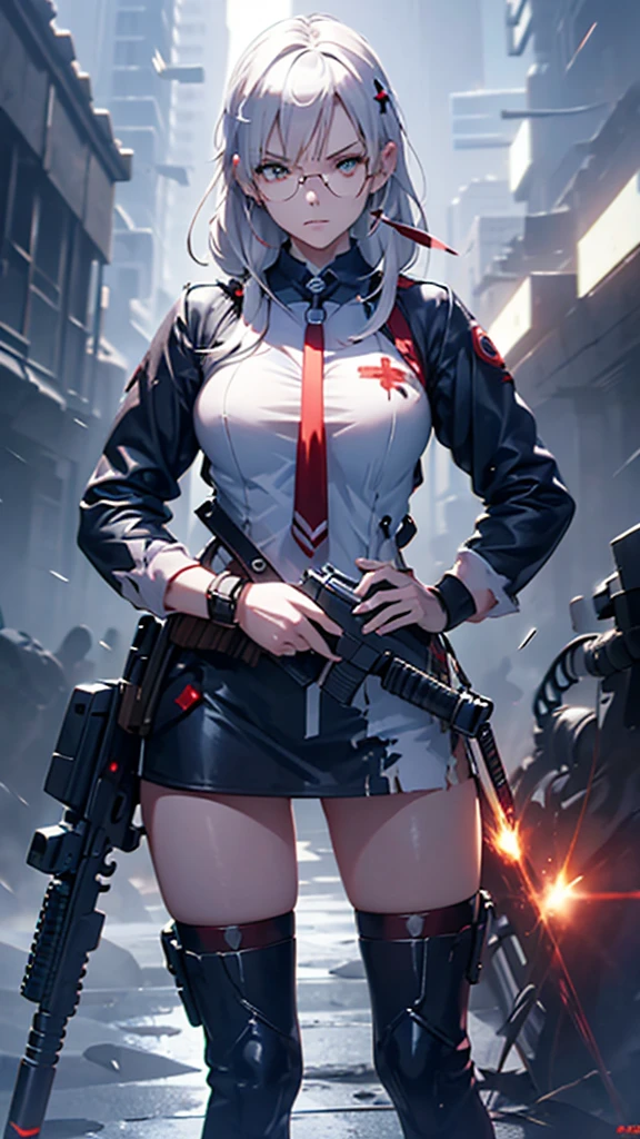 Silver Haired Girl,((Yuki Izumi))((Large Breasts:1.1)),Red glasses,prone position,Looking thRough a sniper scope,Sighting gun,Tactical Boots,futuristic gun,Rainy environment,High image quality,8k,Super detailed,Surreal,masterpiece,Cinematic Lighting,Dramatic lighting,Dramatic Pose,Highly detailed facial features,Very realistic,Realistic,((heavy rain)).Beautiful fine details,Beautiful lip detail,Highly detailed eyes and face,Long eyelashes,1 girl,Concept Art,Digital Art、Shiny futuristic gun、((Bloodstain:1.2))A vivid depiction of the human body、Sexy sailor-style combat uniform、((Clothes with torn chest:0.9)) Hall in the center of the poster々standing, Wear stylish and edgy clothing, A determined look. The background is dark、Rough., There is danger and tension. Holding a gun on the grass,The text is bold and eye-catching, A catchy tagline that creates a dramatic and exciting atmosphere. The color palette is mostly dark.、Bright colors are scattered thRoughout。, Give your poster a dynamic and visually striking look,Character portraits((Symposium cover))((Her breasts are visible thRough her torn clothes))