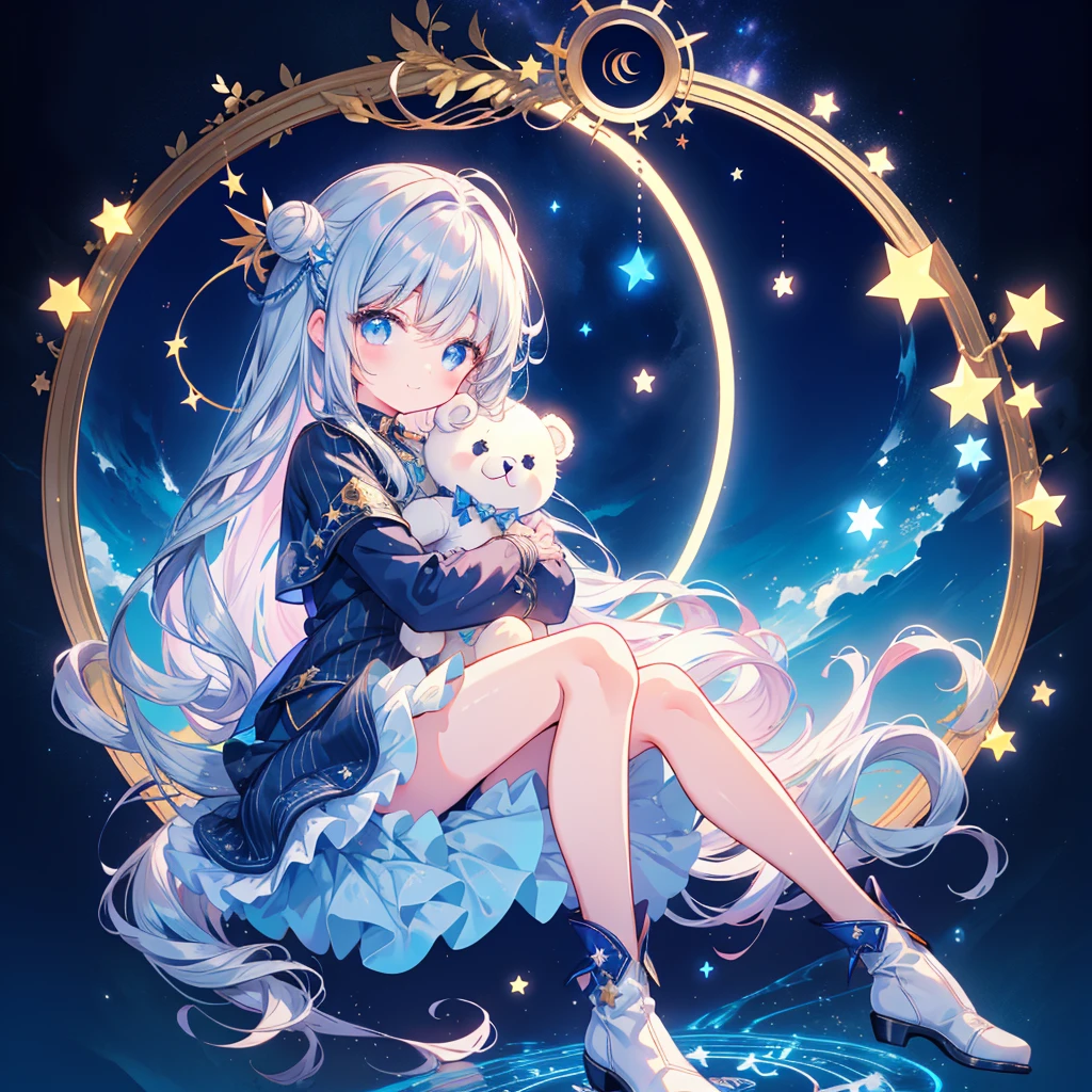 starの妖精、Full body Front portrait、Front、Front facing the viewer、One girl,Best Quality、masterpiece、Official Art、Super detailed、Very beautiful、Cute starの妖精、Gray Hair、Straight long hair、milky way、universe、star charm、star、baby face、Knee-high boots、Giant stuffed teddy bear,magic circle、Pinstripe、🌙Sitting with the best smile、Neon Light、