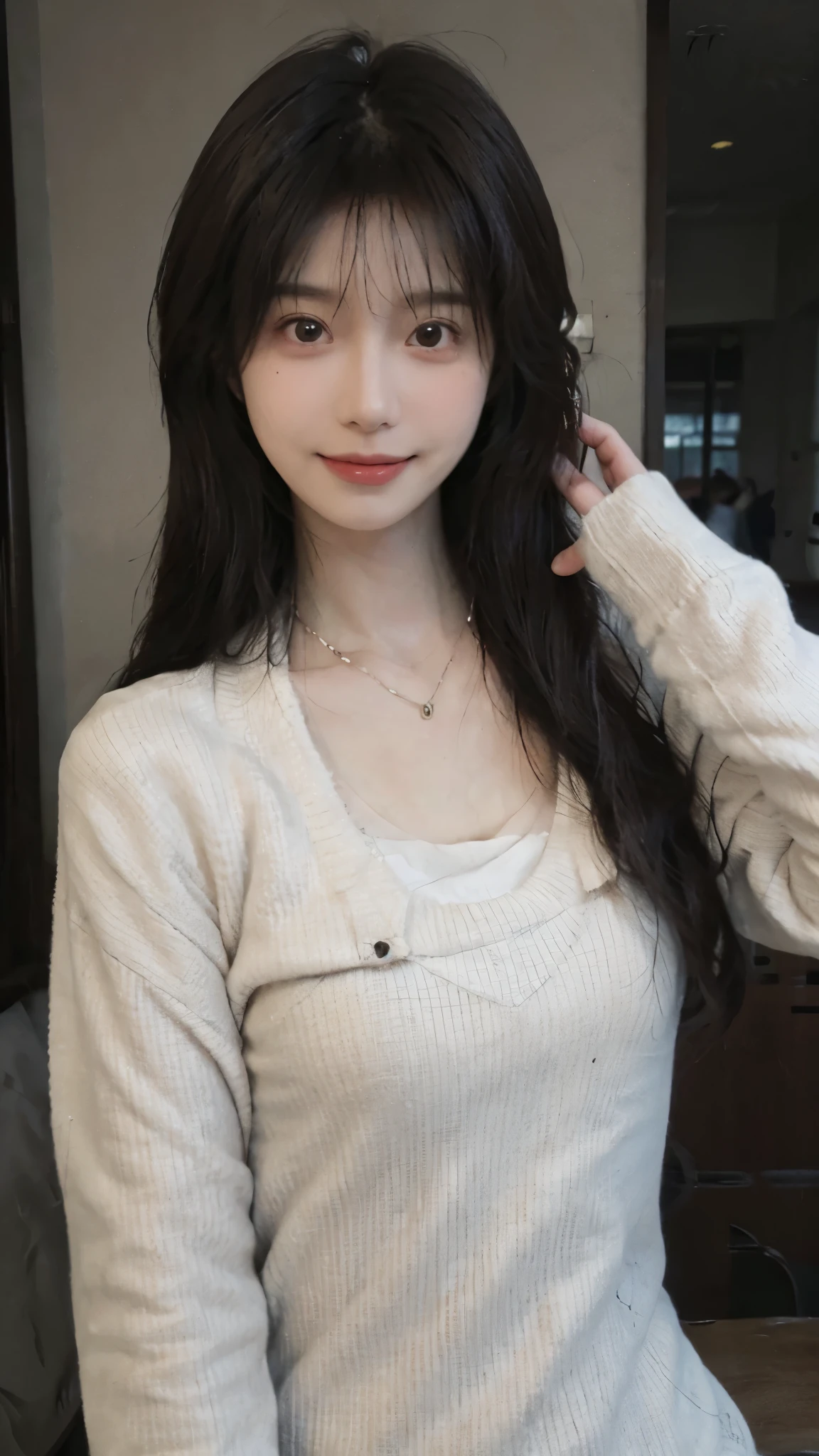 best quality, ultra high resolution, (realistically:1.4),cute hairpin,Baoyu Girl,European style apartment,(flat chest:1.2) ,A pair of clear and charming peach blossom eyes,Royal sister,The sun shines on the face,Big wavy hairstyle,(necklace:1.2),(White skin:1.4),a sense of atmosphere,a beautiful girl, Smile,looking directly at the viewer, Close-up ,(lifelike:1.4),1 girl,Sexy,(Up body:1.4),(wet),(:1.2)