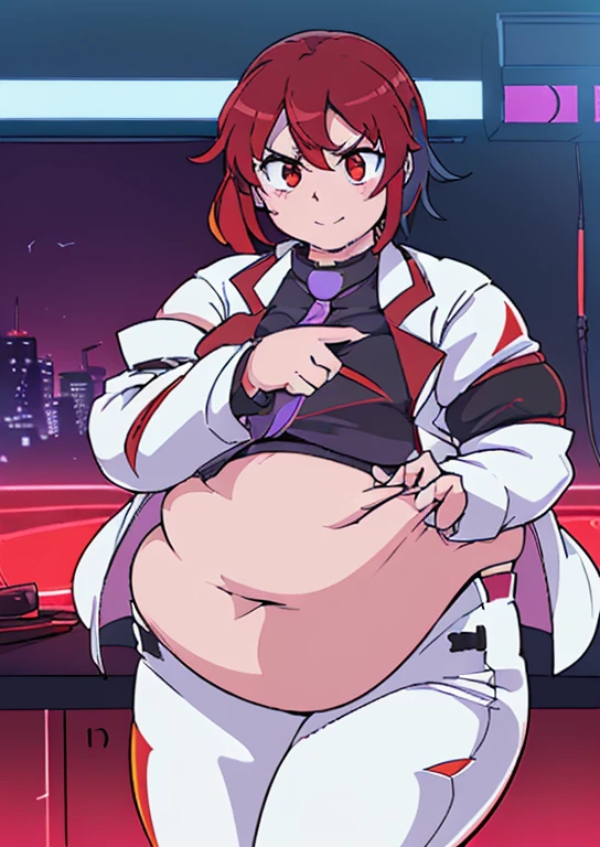 ((best quality, 4k, 8k, anime girl, masterpiece)), ((((beautiful extremely detailed face)))), (((beautiful eyes, red eyes))), ((hard skin)), cinematic lighting, ((perfect anatomy)), (((chubby, SSBBW, tall, (((extremely huge belly, very round belly, huge bulging belly, extremely thick belly, smooth belly))), skinny arms, very thick legs, very thick thighs, large hips))), (full body view), ((thick outlines, anime style, neon colours)), (((raiko horikawa))), (((white labcoat, black inner croptop, necktie, white pants))), (((vibrant red hair, bangs))), sharp smile, (indoor, city lights, city view, cyberpunk, the bar), ((lightning drum))