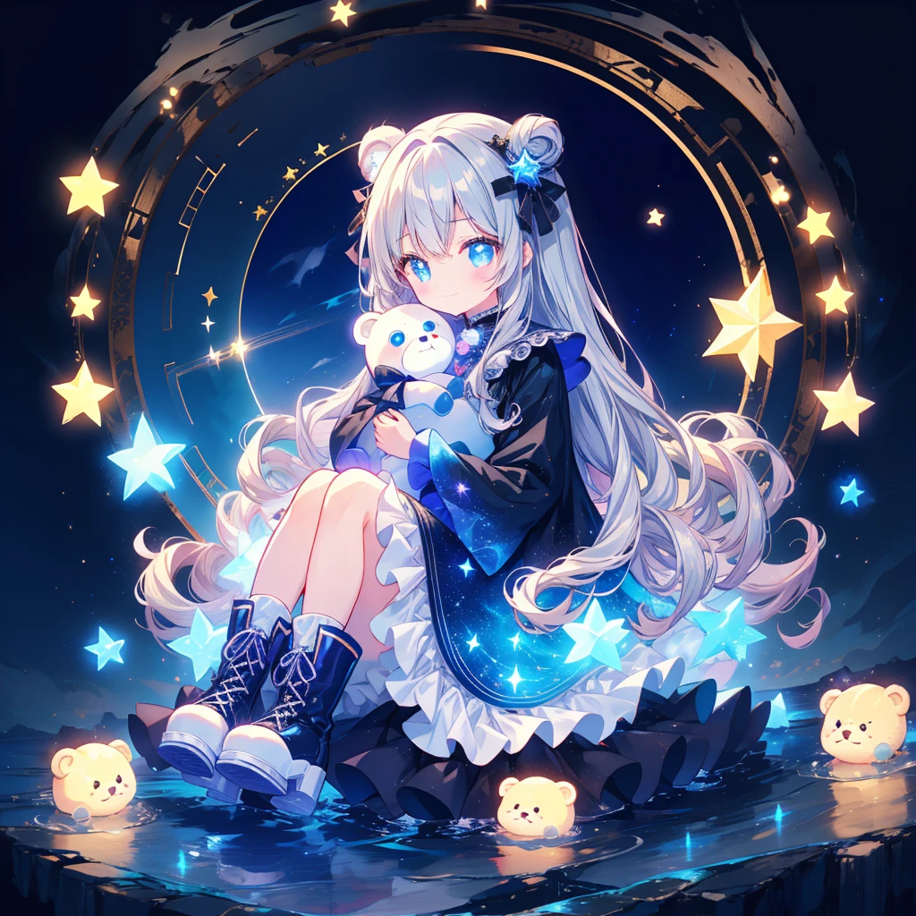 starの妖精、Full body Front portrait、Front、Front facing the viewer、One girl,Best Quality、masterpiece、Official Art、Super detailed、Very beautiful、Cute starの妖精、Gray Hair、Straight long hair、milky way、universe、star charm、star、baby face、Knee-high boots、Giant stuffed teddy bear,magic circle、Pinstripe、🌙Sitting with the best smile、Neon Light、