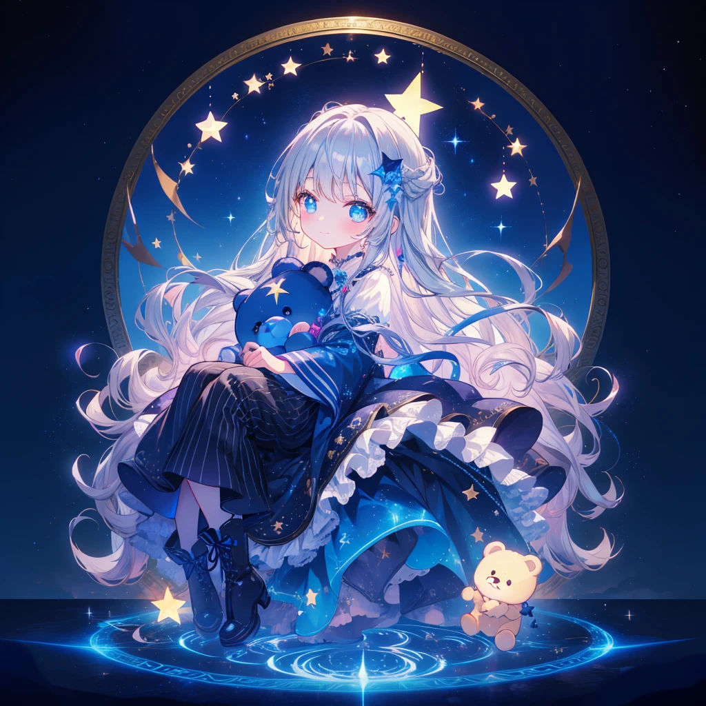 starの妖精、Full body Front portrait、Front、Front facing the viewer、One girl,Best Quality、masterpiece、Official Art、Super detailed、Very beautiful、Cute starの妖精、Gray Hair、Straight long hair、milky way、universe、star charm、star、*********、Knee-high boots、Giant stuffed teddy bear,magic circle、Pinstripe、🌙Sitting with the best smile、Neon Light、