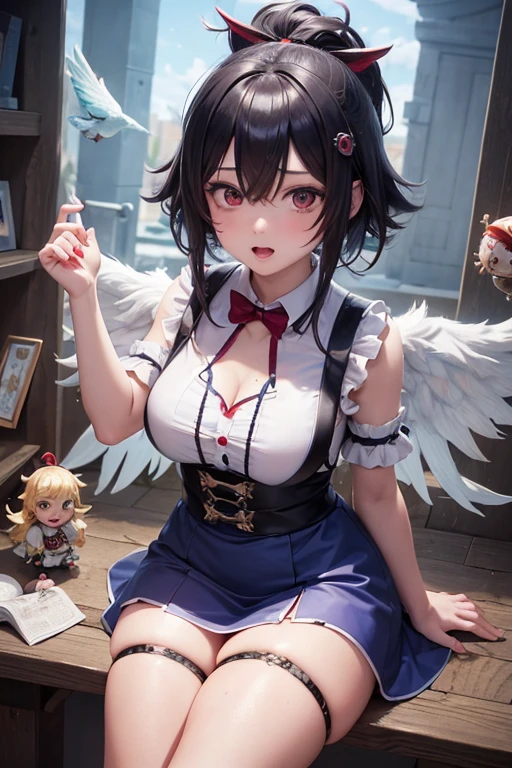 masterpiece, best quality, <lora:shameimaru:1>,1girl, breasts, solo, hat, shameimaru aya, thighhighs, skirt, red eyes, tokin hat, pointy ears, black thighhighs, blush, cleavage, large breasts, flying sweatdrops, short sleeves, puffy short sleeves, pom pom (clothes), puffy sleeves, wrist cuffs, black skirt, zettai ryouiki, black hair, shirt, bursting breasts, short hair, cowboy shot, miniskirt, pleated skirt, bow, bowtie, undersized clothes, white shirt, hair between eyes, skindentation, brown hair, black bow, looking down, black bowtie, detached collar, thighs, ribbon, leaf print, ribbon trim, bangs, motion lines, red headwear, cinematic lighting