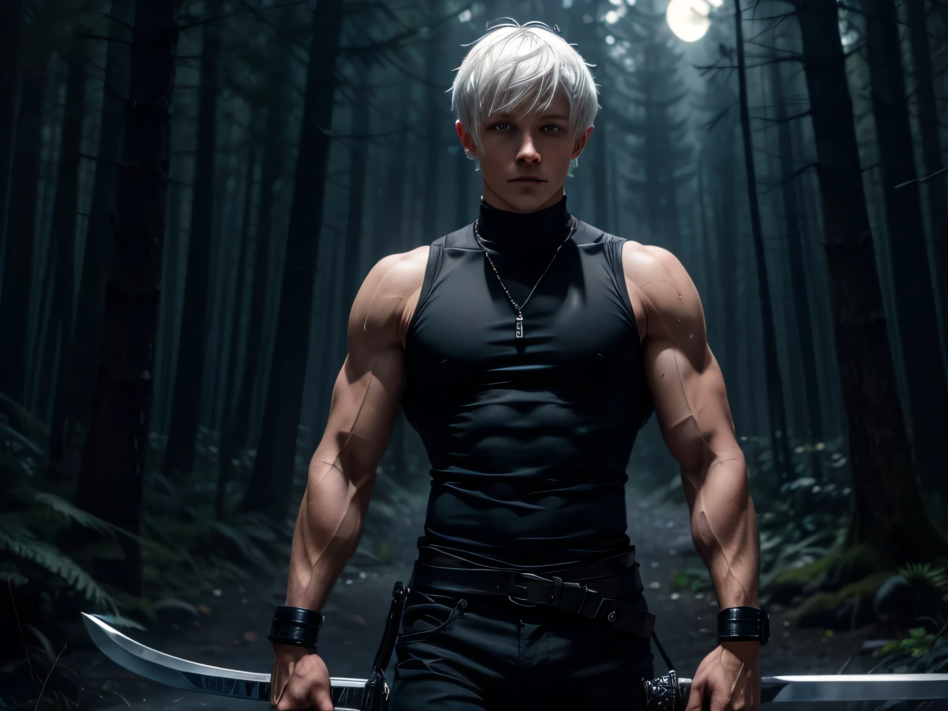 ****ung boy, Alone, blue eyes, white hair, short hair, smile, blue eyes, fringe, eyes visible through hair, tight black tank top, defined body, defined muscles, toned body, white jacket tied at the waist, black pants, Black boots, with a sword on his back, sword sheathed on the back,  better quality, ultra detailed, masterpiece, defined body, detailed hands, black pants, in a night forest under the moonlight