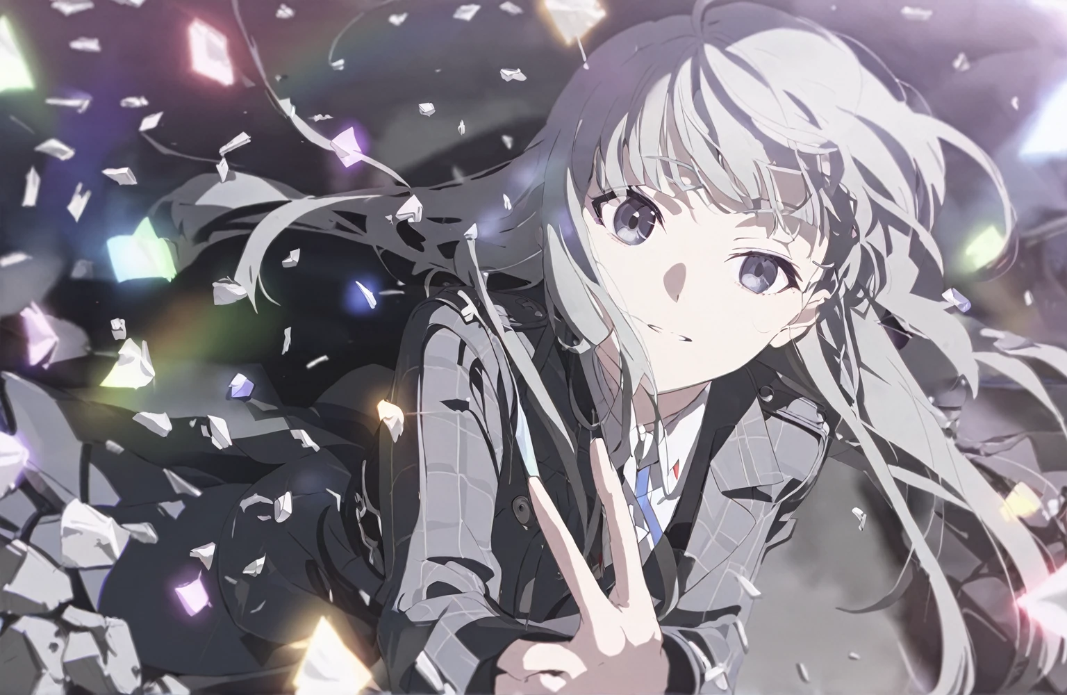 1 girl，Grey long hair，Bangs cover one eye，Silver Eyes，Black Check Trench Coat，Flowing hairm，Scattered rainbow fragments，movie lighting