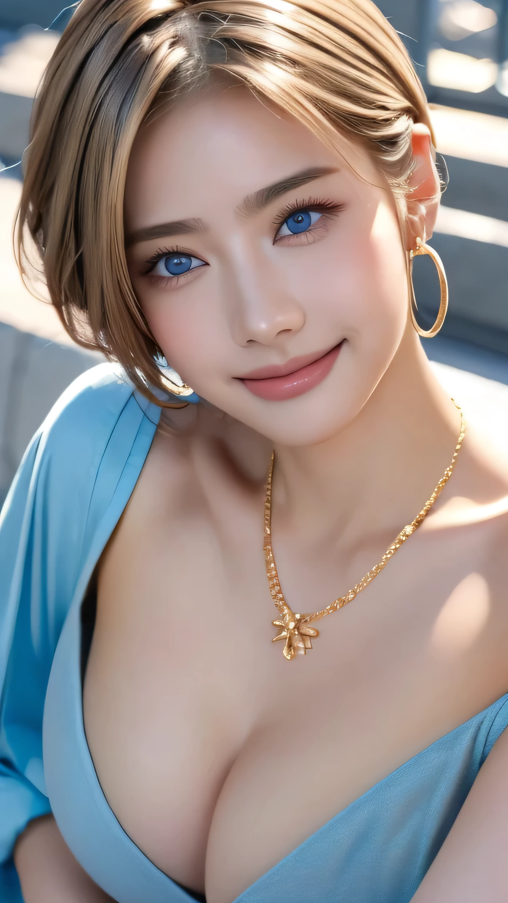 (masterpiece:1.3), (8k, Realistic, RAW Photos, Best Quality: 1.4), Japanese, (1 girl), Beautiful Face, (A vivid face), Short Bob Hair:1.3, Beautiful Hairstyles, Random hair color、Realistic eyes, Beautiful Eyes, (Realistic Skin), Beautiful Skin, charm, Ultra-high resolution, Attention to detail, Golden Ratio, Detail Makeup、Completely naked、I can see the shoulder bones、Daytime、look up、Yellow Eyeshadow、Long eyelashes、Sharp Eye、Zoom Face、blue eyes、Mesh Hair Color、Moles around the mouth、Ring Earrings、Gorgeous gold necklace、Looking down from above、超Big Breasts、Big Breasts、Large Breasts、はみ出したareola:2.0、areola、美しいピンク色のareola、Beautifully detailed pink nipples:2.0、Protruding nipples、smile、Kissing Face、Pinch your nipples:2.0、Pinch your nipples with your index finger and thumb:2.0