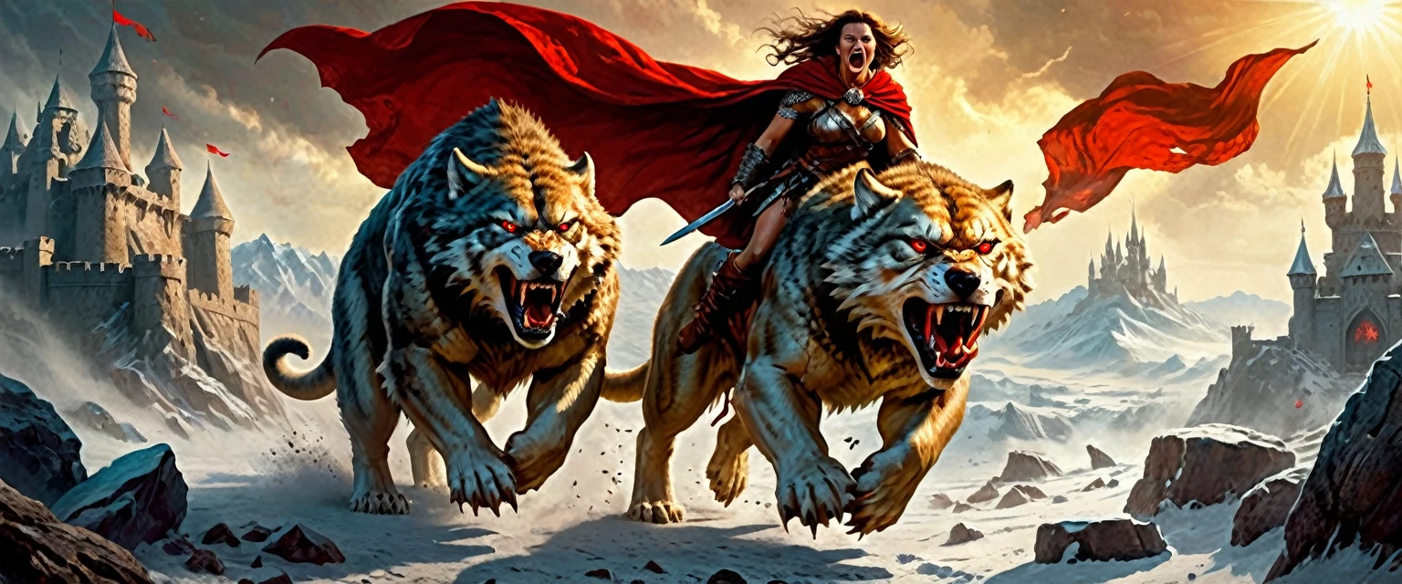 strong and powerful Dungeons and Dragons epic movie poster barbarian woman with cape, who storms into battle, violent roar, rides on a vicious ice [wolf|Tiger] Animal Leather and Fur Boots Warrior and Red Banner (windy dust debris storm:1.1) volumetric lighting fog deep fog pass Z pass big stone castle very bright morning sun from the side