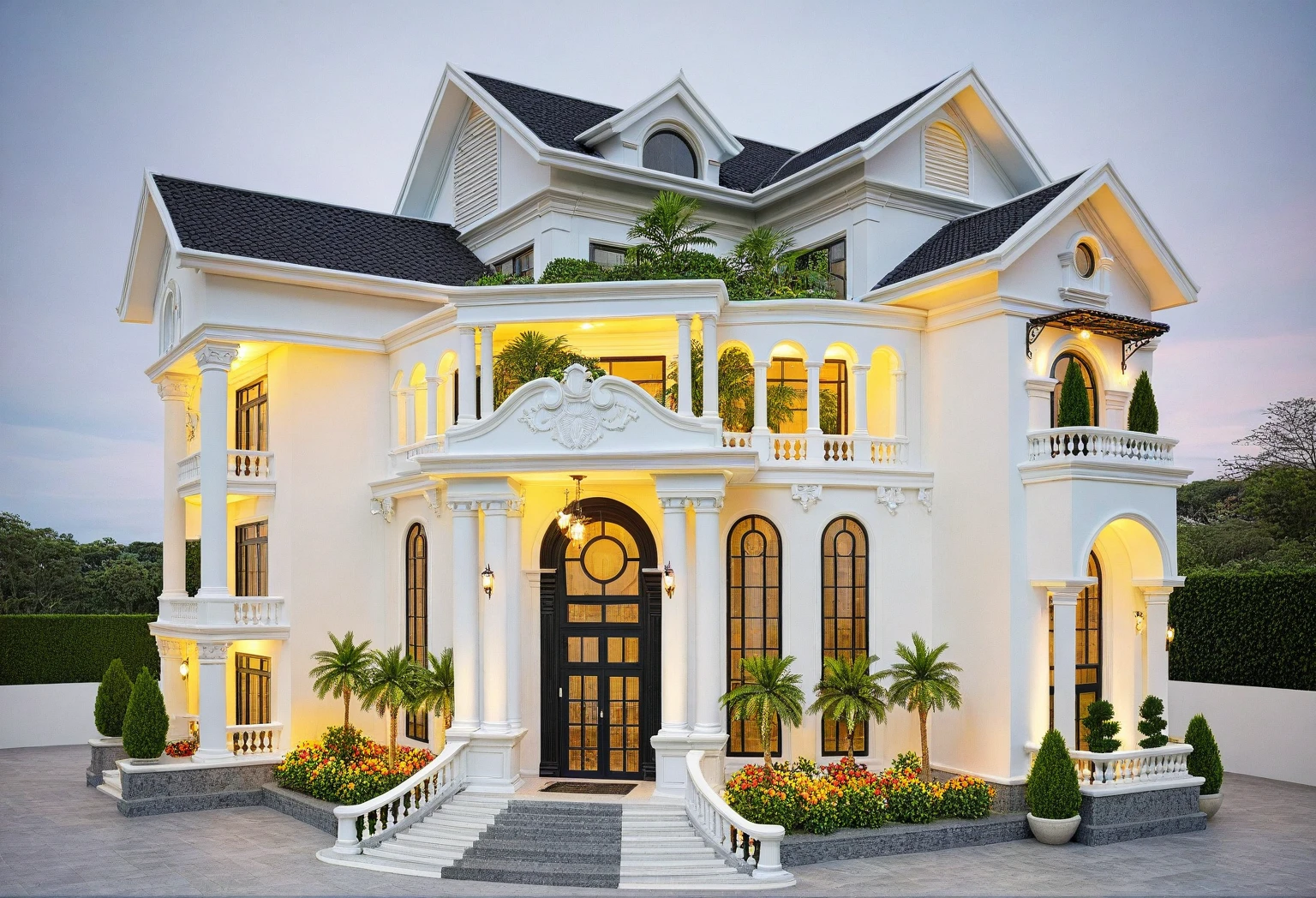 neo classical villa on street, (daylight), tropical tree, vivid colour, streetcapes, white tone, black detail, white wall, large glass door, warm interior lighting, best quality, masterpiece, ultra realistic