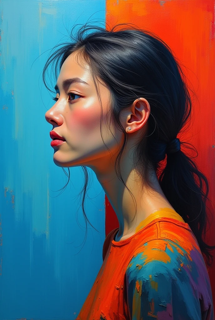 Create a serene profile portrait with the subject facing left. Use a vibrant color palette of blues, reds, and oranges. The background should be minimalistic in cool blue tones. Employ bold, visible brush strokes and the impasto technique for texture. Blend realism with abstraction, emphasizing strong contrasts and dynamic color blocking. Aim for a modern, contemplative feel. Apply the paint to the canvas with a firm, decisive motion, allowing it to sit thickly on the surface. Vary the direction and length of your strokes to create an interesting, varied texture.