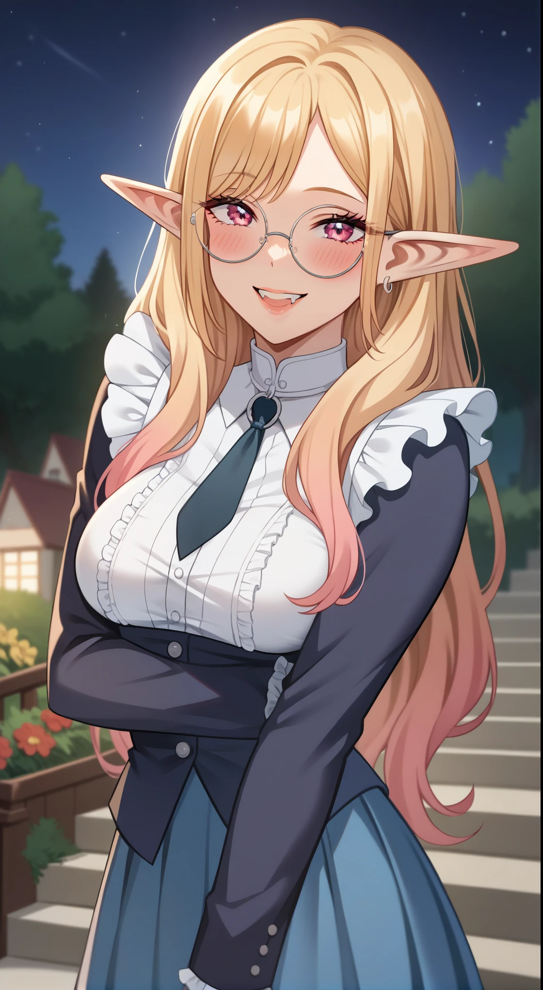 Adult, female, mature, Kitagawa Marin, very shy and blushing, fuzzy ears, fluffy tail, fangs, round glasses, nerdy, blonde with pink highlights, with long pigtails, shaggy hair, big blue eyes, voluminous bangs, parted bangs, long hair with bangs, hair in the eyes, perfect red eyes, perfect blue irises, voluptuous body, medium breasts, plump lips, slender figure, beautiful elf, long-sleeved blouse, tie, neckline, school blue skirt, in front of the house, trees and flowers, stairs, beautiful clothes, sensual pose, techno, at night, in cyber decor, sexy woman, very flushed, naughty smile, mischievous, happiness, very blushing with shyness, seductive, close up, (Masterpiece, Anatomically Correct, Accurate, Best Quality, Detail, High Details, Quality, Super Detailed, High Quality, Skin Detail, Amazing Skin Detail), (SuperQuality:1.0) ~ (SuperQuality:1.2)