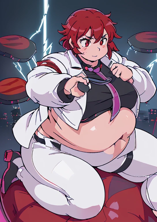 ((best quality, 4k, 8k, anime girl, masterpiece)), ((((beautiful extremely detailed face)))), (((beautiful eyes, red eyes))), ((hard skin)), cinematic lighting, ((perfect anatomy)), (((chubby, SSBBW, tall, (((extremely huge belly, very round belly, huge bulging belly, extremely thick belly, smooth belly, bouncy))), skinny arms, very thick legs, very thick thighs, large hips))), (full body view), ((thick outlines, anime style, neon colours)), (((raiko horikawa))), (((white labcoat, black inner croptop, necktie, white pants))), (((vibrant red hair, bangs))), sharp smile, (cyberpunk, indoor studio, ((audio macines)),), (((lightning drum, sit down))),