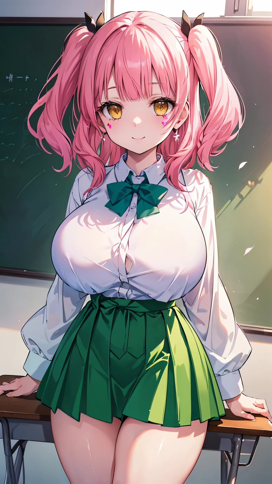 ((masterpiece、Best Quality、Very detailed))、One girl、Pink Hair、two side up、Yellow Eyes、evil smile、facial mark、((Very large breasts))、((White shirt))、Green bow tie、((green skirt))、((micro miniskirt))、((Thick waist))、((Thick thighs))、Cowboy Shot、classroom