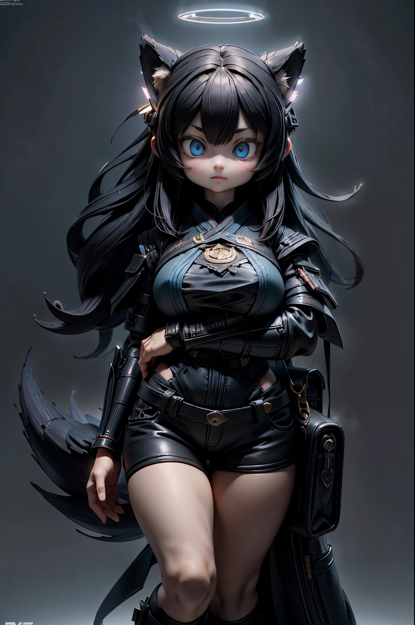 1girl, Solo, Breasts, Samurai with black fox years an fluffy tail, Long Hair, Black Hair, 3D Rendering, big Blue eyes, Masterpiece, Accurate, High Resolution, Detail, High Details, High Quality, Eye Reflection, Glowing Eyes, 3D model, 3D model,