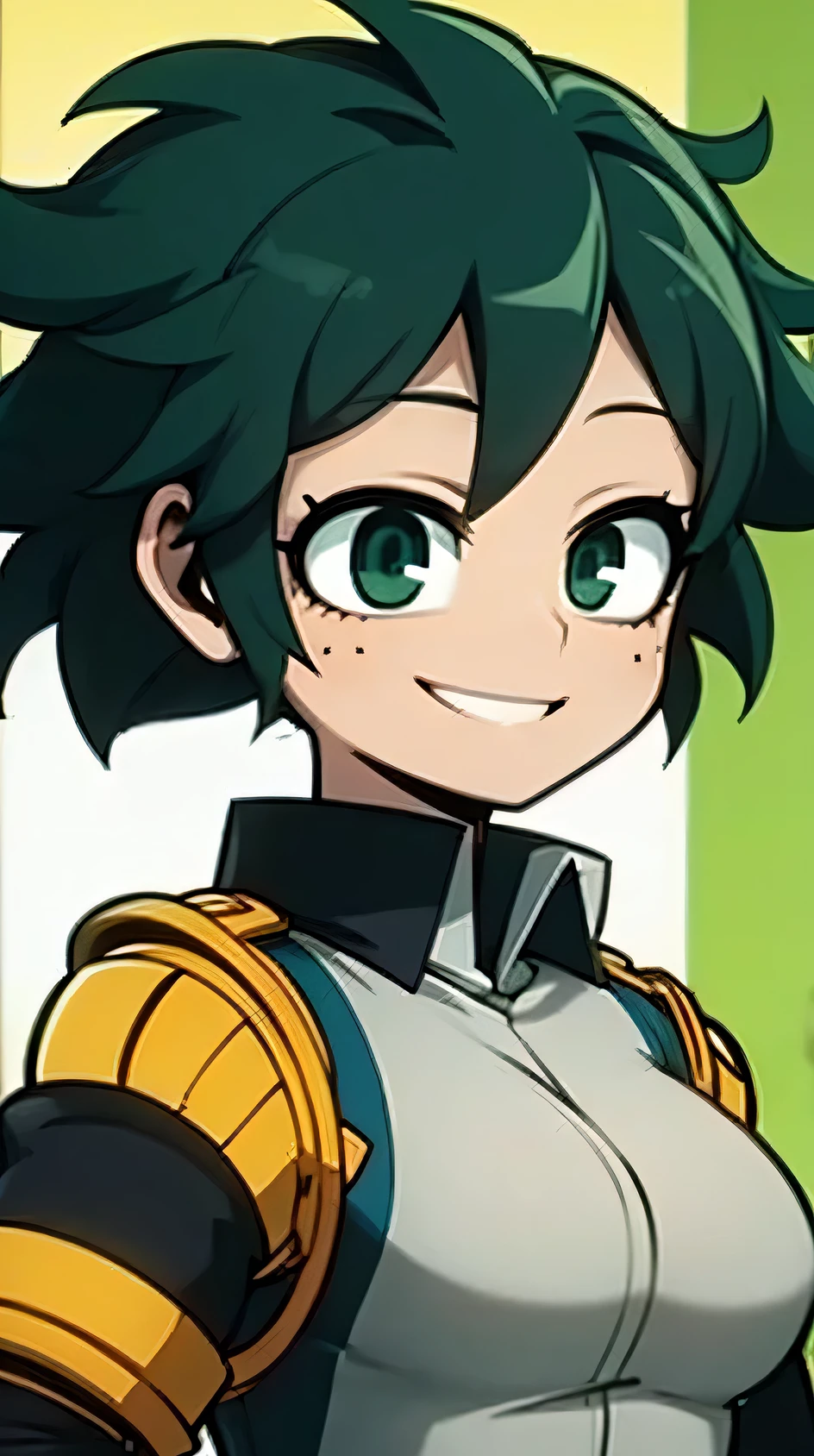 deku female version, smiling , green hair, , mha, My Hero Academia Anime Traits, uniforme my hero academy