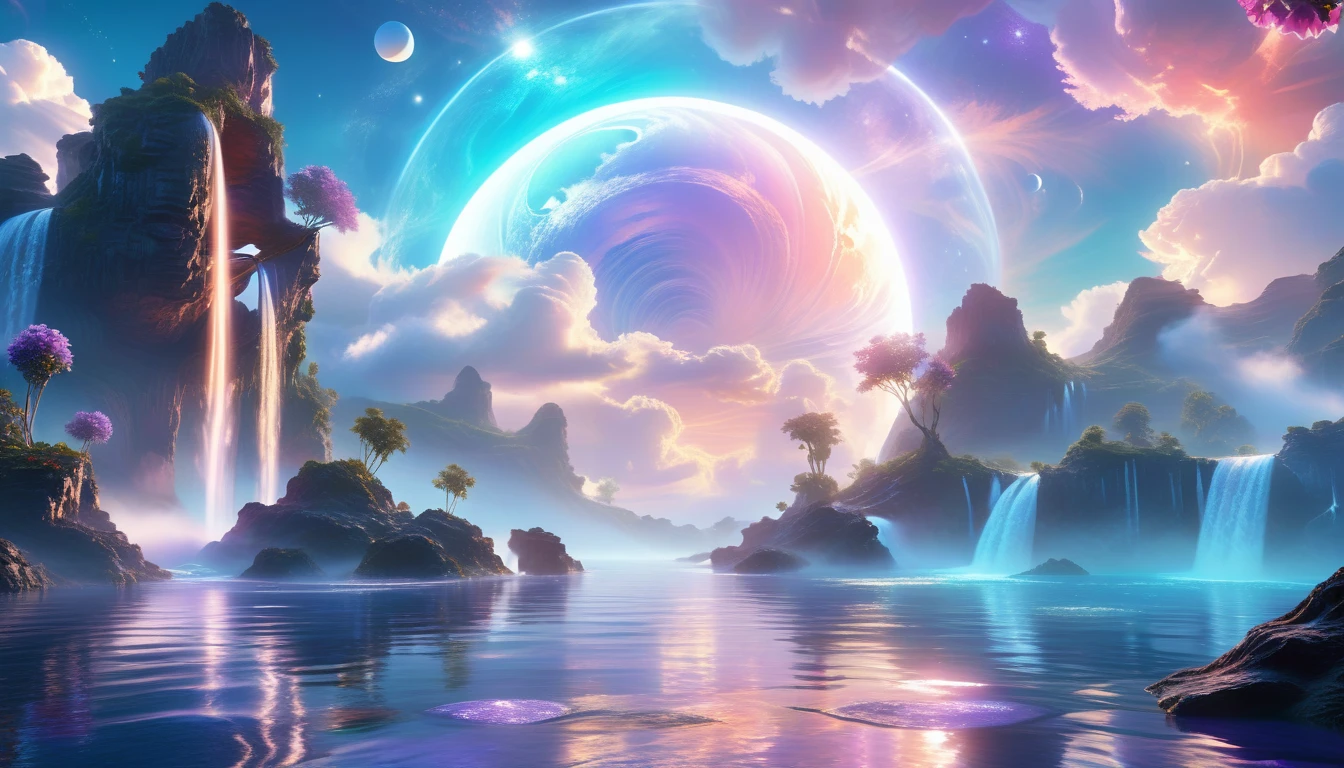 A Masterpiece In 32K Resolution, Supreme Quality, Super Detail, Official Art, Very High-Resolution 32K Wallpaper, Beautiful And Ethereal, Ultra-Detailed Features, Awe-Inspiring Detail. Celestial, Serene, And Dreamlike Scene Set On A Mystical, Oceanic Planet. The Scene Features Vast, Crystal-Clear Waters Reflecting The Light Of Two Moons Suspended In A Twilight Sky. Towering Waterfalls Cascade From Hovering Islands, Surrounded By Clouds That Shimmer With Iridescent Blues And Violets. A Giant Ringed Planet Dominates The Horizon, Its Rings Glistening With Particles Of Stardust. The Atmosphere Is Peaceful Yet Brimming With An Air Of Fantasy, And The Use Of Soft Gradients Gives A Sense Of Tranquil Motion. Otherworldly Flora Sways In The Gentle Breeze, Adding A Sense Of Calm To This Aquatic Paradise. The Palette Is Soft Yet Vibrant, With Hues Of Turquoise, Lavender, And Coral Creating A Mesmerizing Visual Harmony.