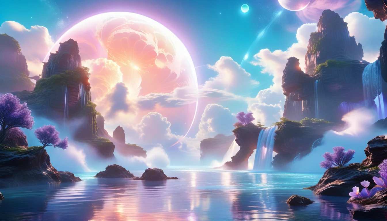 A Masterpiece In 32K Resolution, Supreme Quality, Super Detail, Official Art, Very High-Resolution 32K Wallpaper, Beautiful And Ethereal, Ultra-Detailed Features, Awe-Inspiring Detail. Celestial, Serene, And Dreamlike Scene Set On A Mystical, Oceanic Planet. The Scene Features Vast, Crystal-Clear Waters Reflecting The Light Of Two Moons Suspended In A Twilight Sky. Towering Waterfalls Cascade From Hovering Islands, Surrounded By Clouds That Shimmer With Iridescent Blues And Violets. A Giant Ringed Planet Dominates The Horizon, Its Rings Glistening With Particles Of Stardust. The Atmosphere Is Peaceful Yet Brimming With An Air Of Fantasy, And The Use Of Soft Gradients Gives A Sense Of Tranquil Motion. Otherworldly Flora Sways In The Gentle Breeze, Adding A Sense Of Calm To This Aquatic Paradise. The Palette Is Soft Yet Vibrant, With Hues Of Turquoise, Lavender, And Coral Creating A Mesmerizing Visual Harmony.