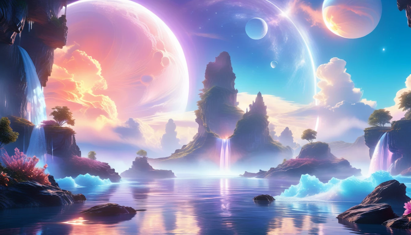 A Masterpiece In 32K Resolution, Supreme Quality, Super Detail, Official Art, Very High-Resolution 32K Wallpaper, Beautiful And Ethereal, Ultra-Detailed Features, Awe-Inspiring Detail. Celestial, Serene, And Dreamlike Scene Set On A Mystical, Oceanic Planet. The Scene Features Vast, Crystal-Clear Waters Reflecting The Light Of Two Moons Suspended In A Twilight Sky. Towering Waterfalls Cascade From Hovering Islands, Surrounded By Clouds That Shimmer With Iridescent Blues And Violets. A Giant Ringed Planet Dominates The Horizon, Its Rings Glistening With Particles Of Stardust. The Atmosphere Is Peaceful Yet Brimming With An Air Of Fantasy, And The Use Of Soft Gradients Gives A Sense Of Tranquil Motion. Otherworldly Flora Sways In The Gentle Breeze, Adding A Sense Of Calm To This Aquatic Paradise. The Palette Is Soft Yet Vibrant, With Hues Of Turquoise, Lavender, And Coral Creating A Mesmerizing Visual Harmony.