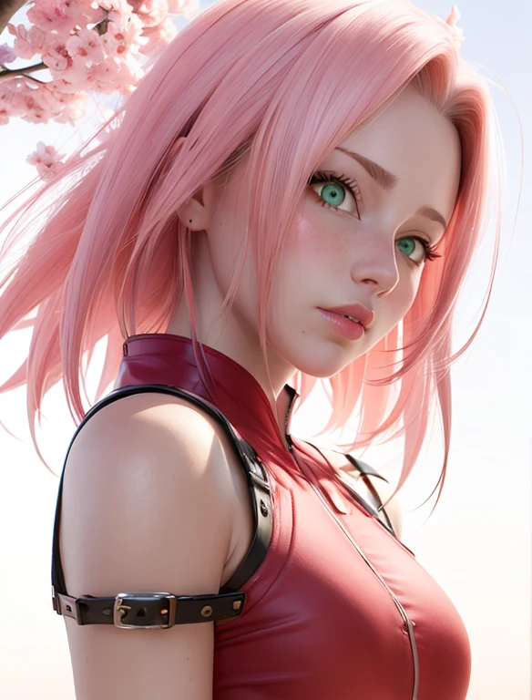 young woman, peach skin, short pink hair, wide forehead, big green eyes, buttoned nose, big pink lips, slender body, small breasts, medieval period clothing, deep neckline, Sakura Haruno, 3d