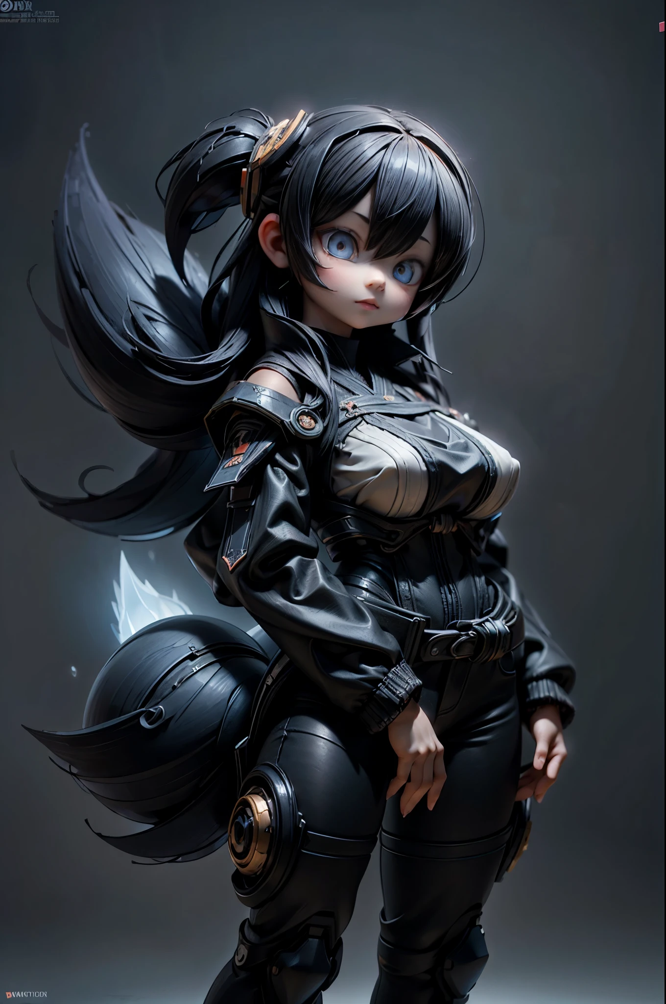 1girl, Solo, Breasts, Samurai with black fox years an fluffy tail, Long Hair, Black Hair, 3D Rendering, big Blue eyes, Masterpiece, Accurate, High Resolution, Detail, High Details, High Quality, Eye Reflection, Glowing Eyes, 3D model, 3D model,