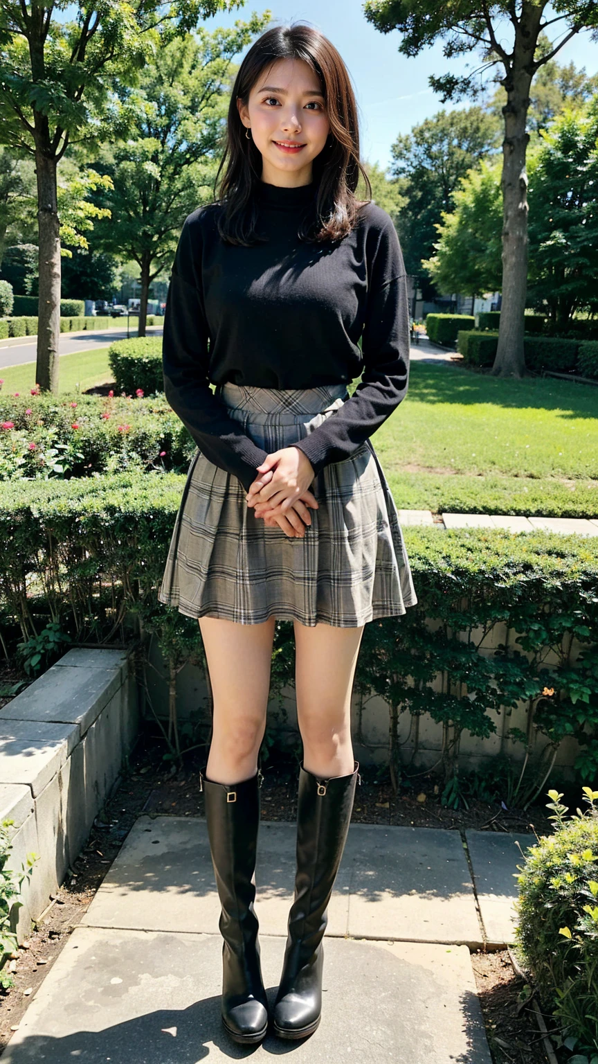 (8k、RAW Photos、Best Quality、masterpiece:1.2)、(Realistic、Realistic)、1 person、((dress、、Medium Hair、Black knit、Breast enlargement、Checked long skirt、Thin legs、boots、View from the front、Looking into the camera、garden、Stand with hands on hips))、cute